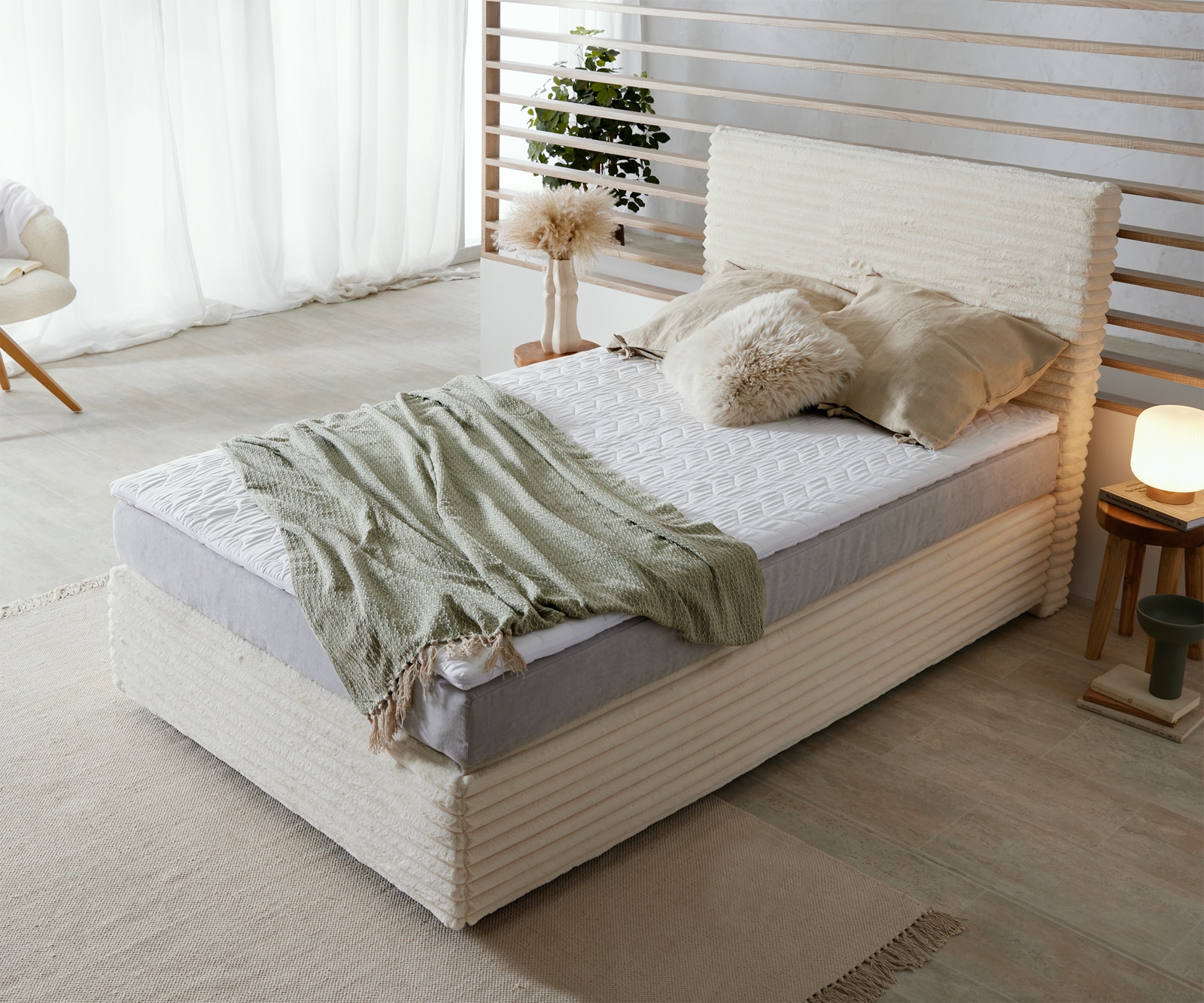 Boxspringbett Dream-Well Plüsch-Cord Beige 120x200 cm TFK-Matratze Visco-Topper 3 Boxspringbett Dream-Well Plüsch-Cord Beige 120x200 cm TFK-Matratze Visco-Topper 3
