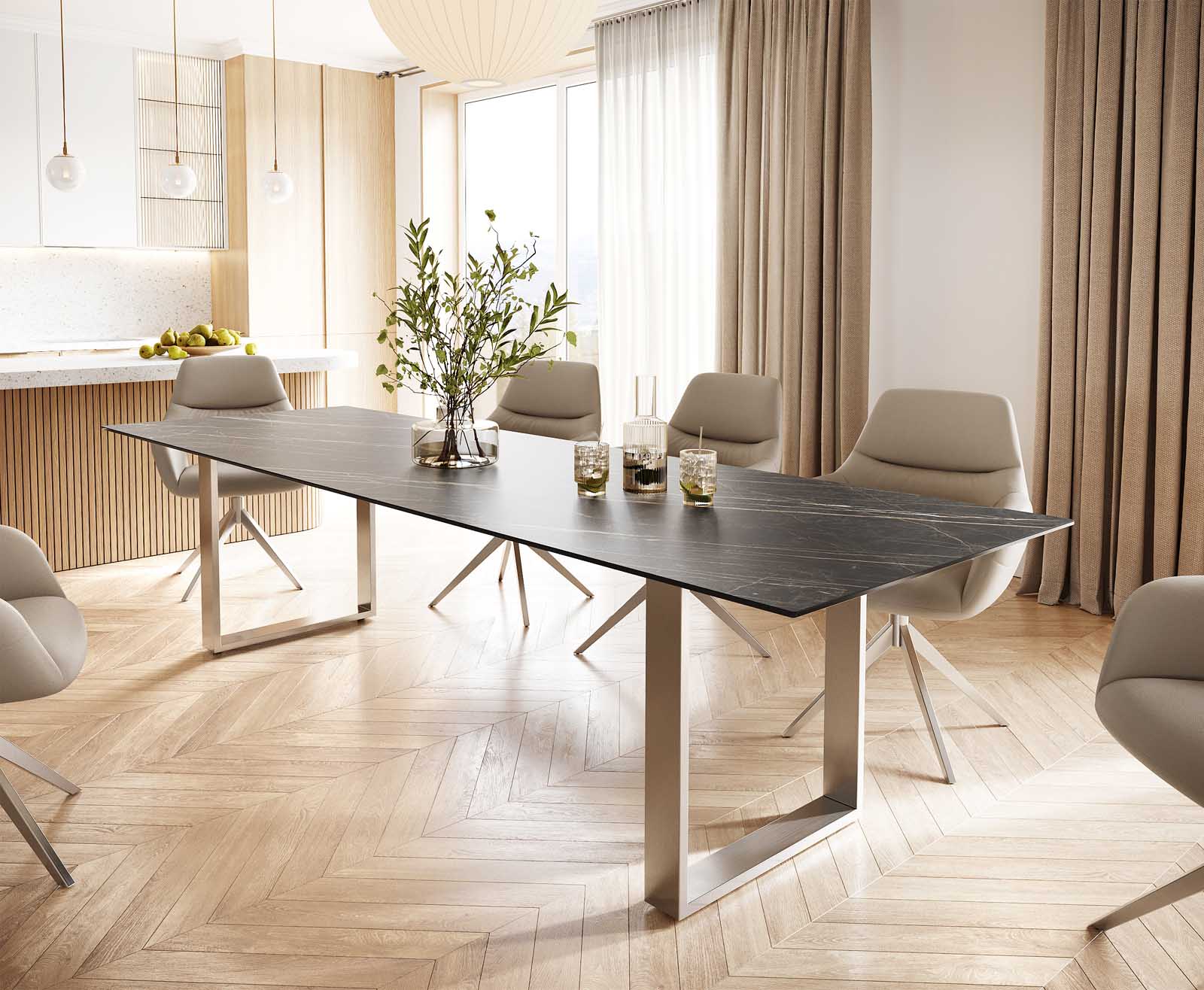 Table-à-manger Edge 300x100 céramique Laminam® noir desir brun inox étroit 1