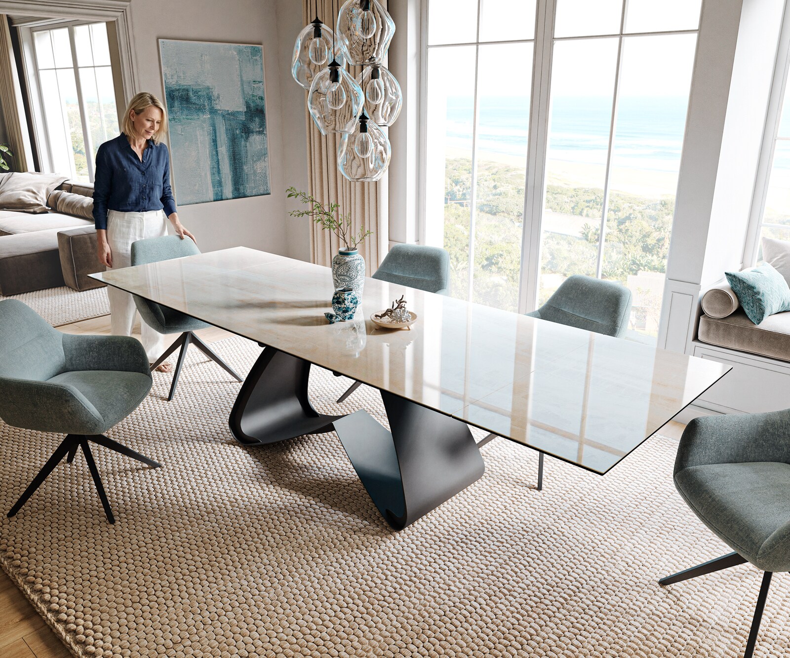 Esstisch Edge 200-300x100 cm Keramik Onyx Champagne W-Gestell Metall Schwarz ausziehbar