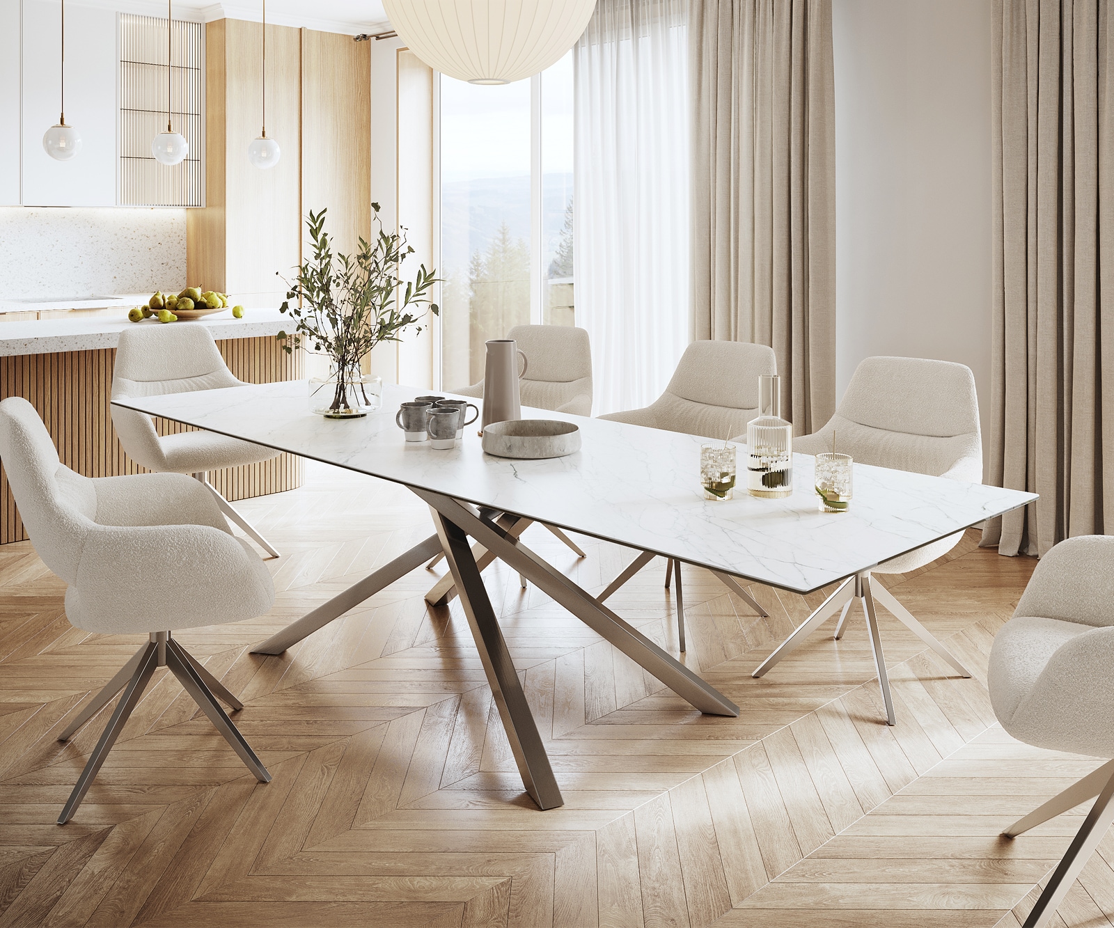 Esszimmertisch EdgeKeramik Laminam®Statuarietto Weiß 300x100cm Kreuzgestell Rechteck Edelstahl