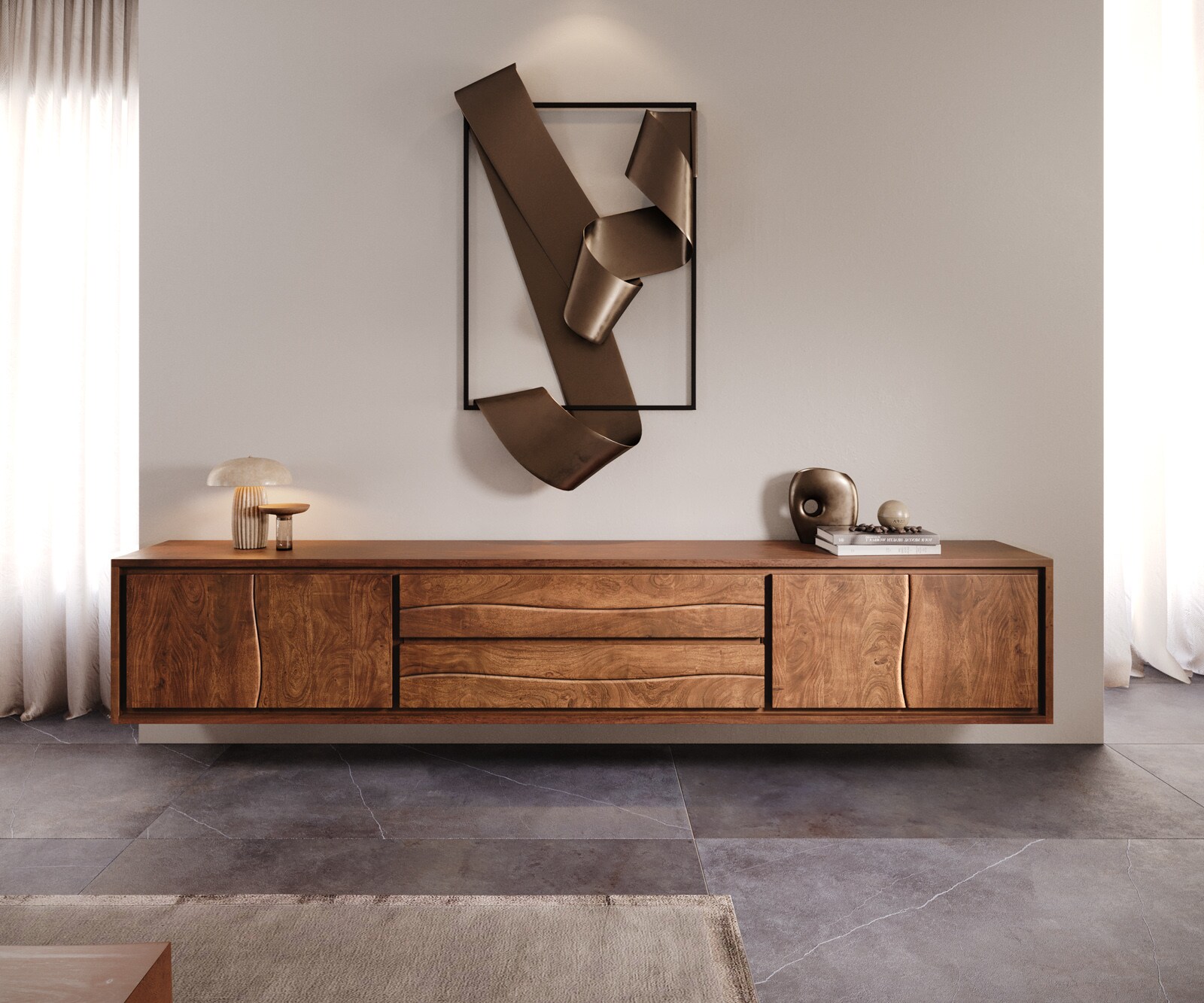 Lowboard Live-Edge 300 cm Akazie Braun 4 Türen 2 Schübe schwebend 1 Lowboard Live-Edge 300 cm Akazie Braun 4 Türen 2 Schübe schwebend 1