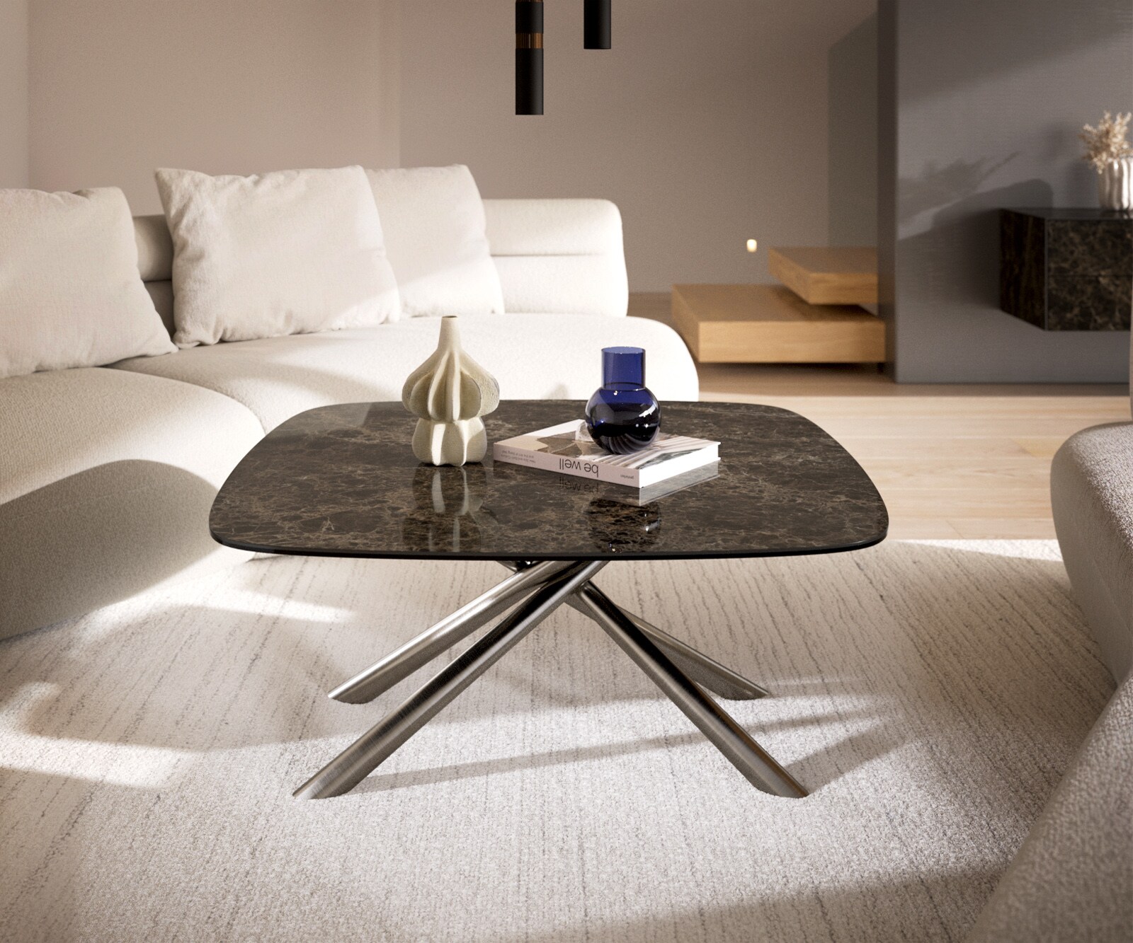 Table basse Edge bateau 90x90 cm céramique Emperador Extra Lucidato brun foncé Sarity acier inoxydable brossé 2