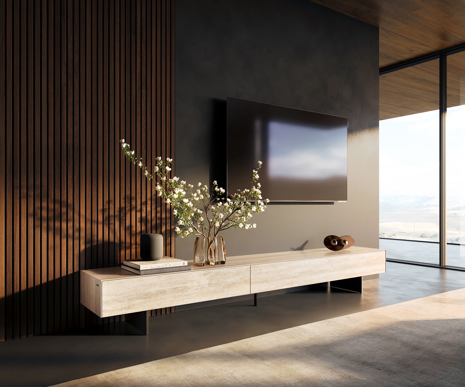 Meuble-TV Cuor 250 cm Céramique Laminam® Travertino Bianco Crème-blanc 1 Clapet 1 Tiroir Pied optique flottant Métal Noir 1