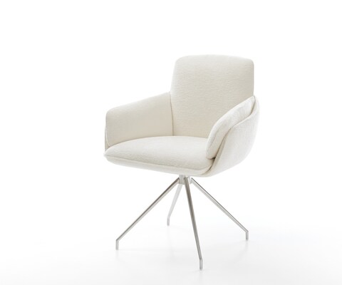 Chaise-de-salle-à-manger Luan-Flex avec accoudoirs bouclé doux beige pied croisé conique acier inoxydable