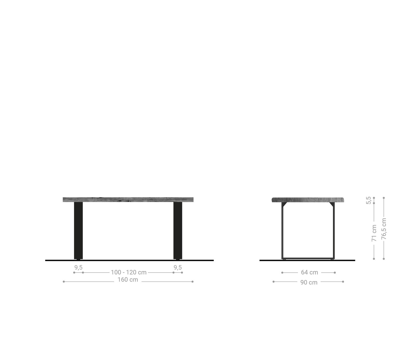 Table-à-manger Edge 160x90cm XL acacia nature acier inoxydable mince Live-Edge 5