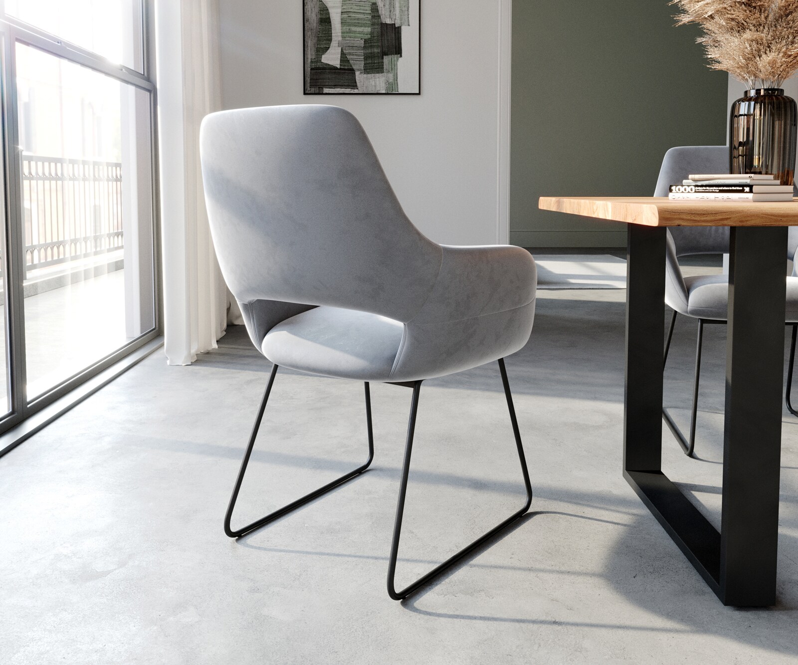 Chaise-de-salle-à-manger Yago-Flex avec accoudoirs velours gris pied trapèze noir ressorts ensachés 5