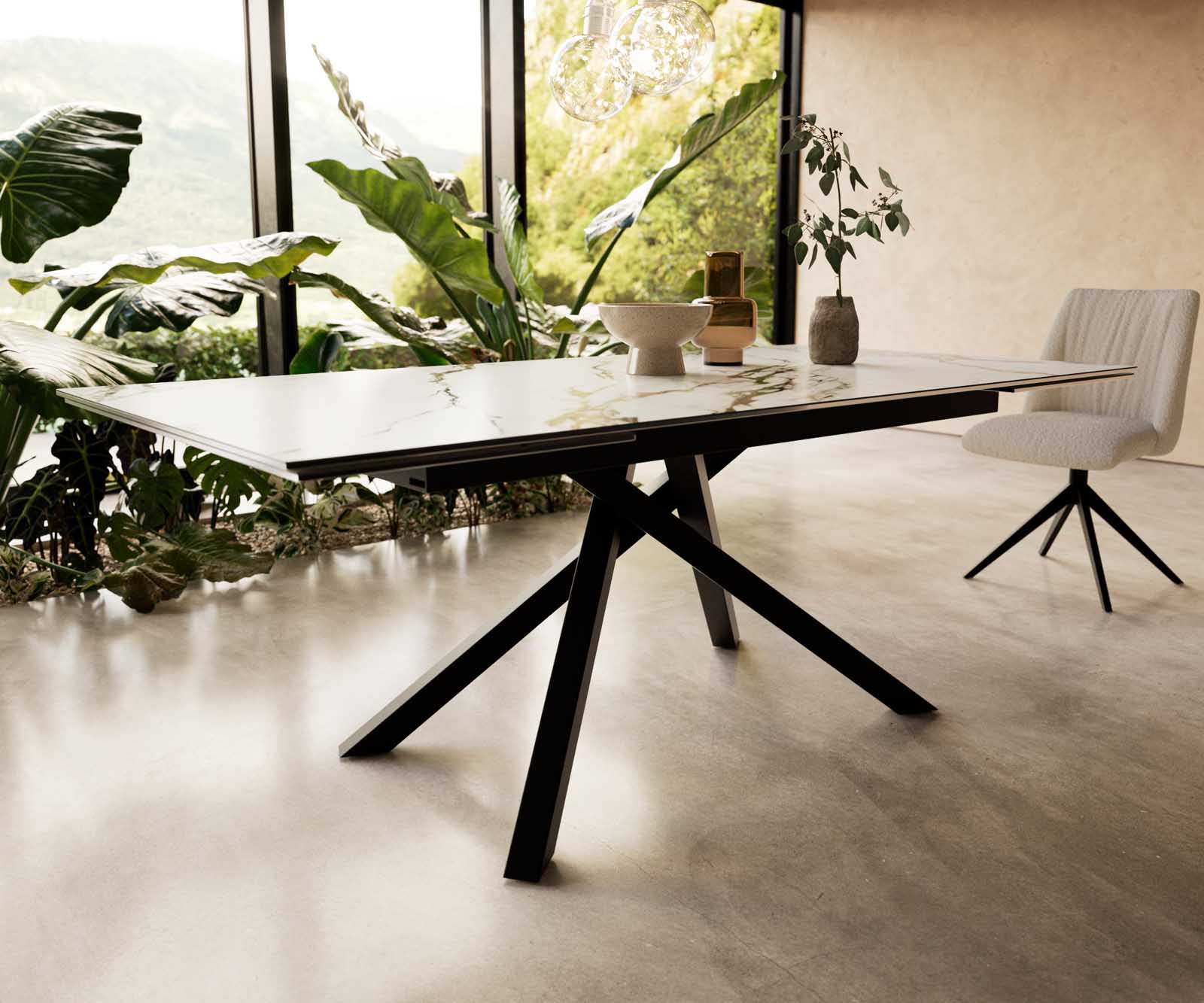 Esstisch Edge 200-300x100 Keramik Calacatta Luxe Weiß-Gold-Grau Kreuzgestell Rechteck Schwarz ausziehbar 6