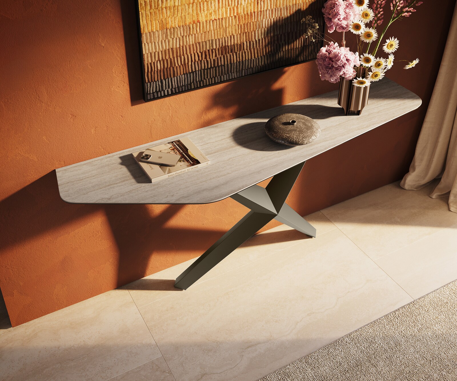 Console Edge Polygonal 180x50 cm Céramique Laminam® Travertino Bianco Creme-Weiß Zentharo Métal Effektfinish Titan 1