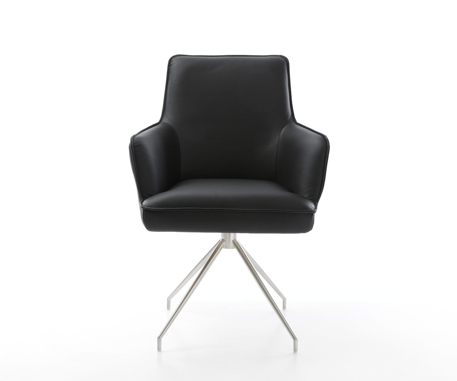 Chaise-pivotante Heira-Flex avec accoudoirs cuir de vache noir pied croisé conique acier inoxydable brossé pivotement sur 180° ressorts ensachés 1