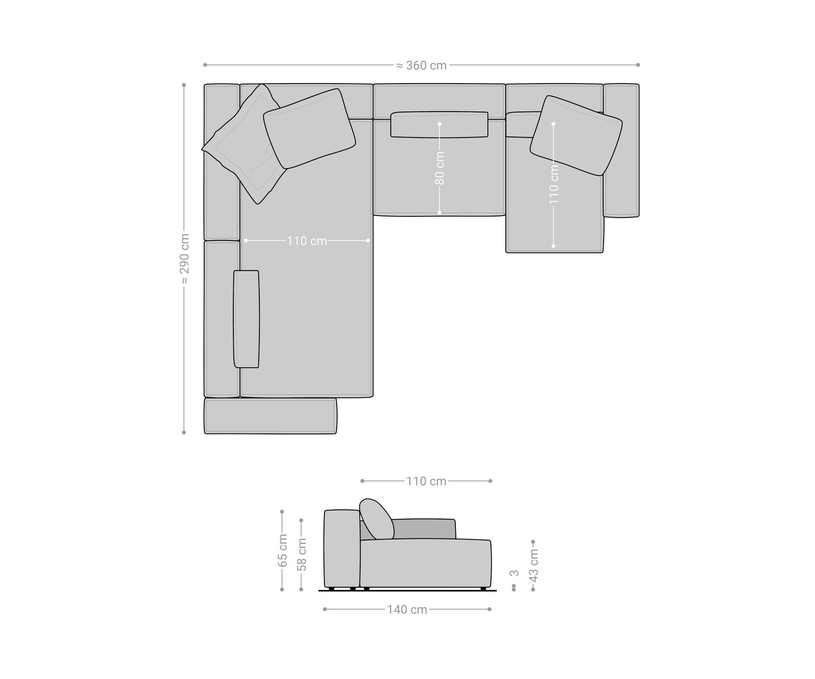 Canapé panoramique Freestyle 360x290 cm Tissu tissé doux Beige couture passepoilée 7