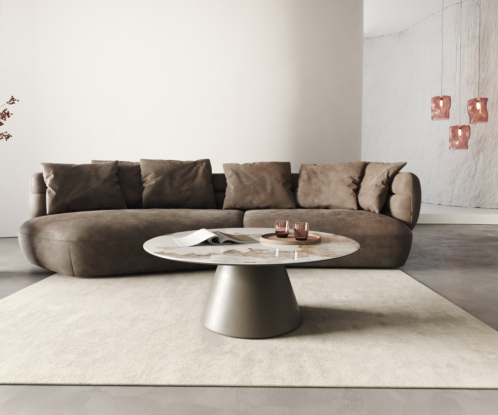 Table-basse Borna 100x100 cm Céramique Minas Melange Blanc-Beige Piétement Conique Finition Effet Titane 2