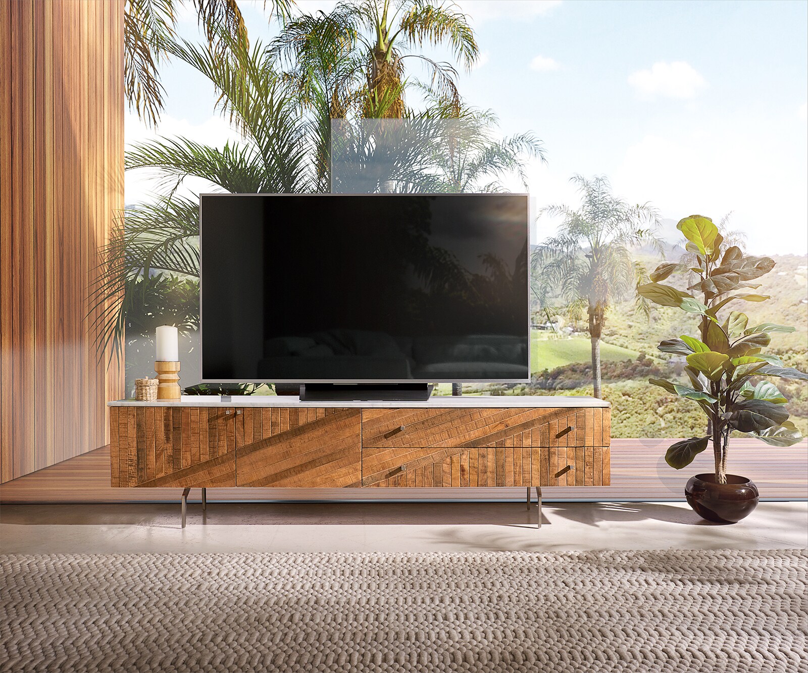 Meuble-TV Bahan 175 cm Mangue Teak 2 portes 2 tiroirs Plateau marbre blanc Pied d'angle en acier inoxydable 1
