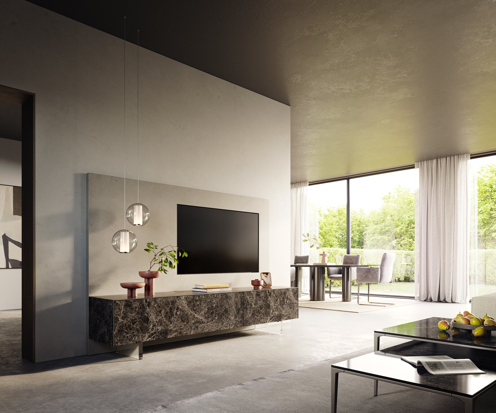 Meuble-TV Cuor 220 cm Céramique Laminam® Emperador Extra Lucidato brun foncé 1 Clapet 2 Tiroirs Pied optique flottant Verre acrylique 7