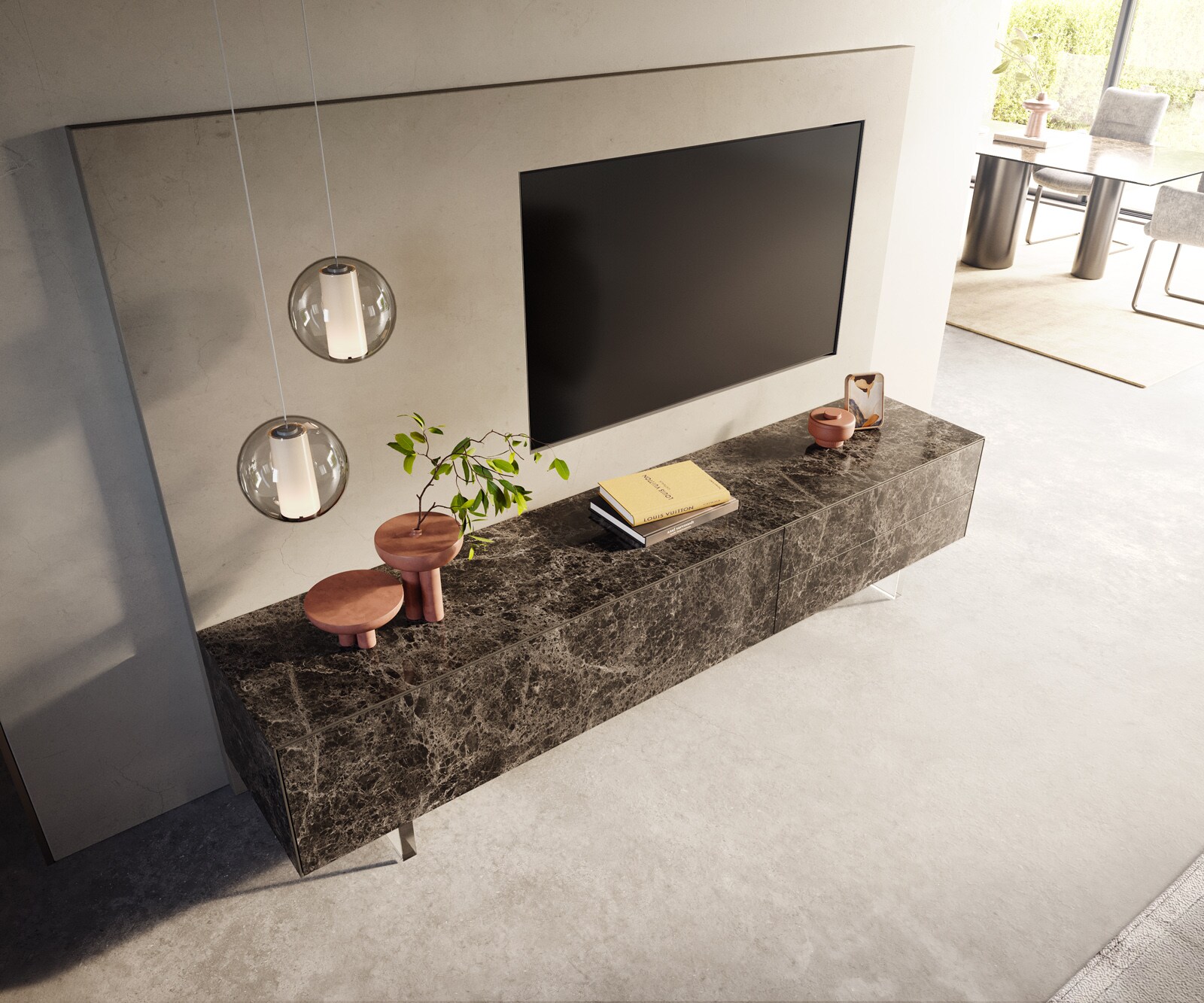 Meuble-TV Cuor 220 cm Céramique Laminam® Emperador Extra Lucidato brun foncé 1 Clapet 2 Tiroirs Pied optique flottant Verre acrylique 4