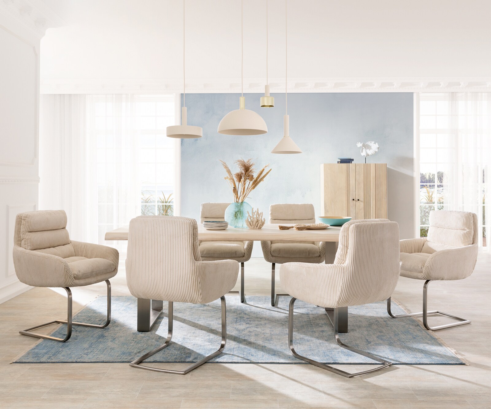 Cantilever Abelia-Flex avec accoudoirs côtelé beige vintage pied cantilever plat acier inoxydable brossé 3