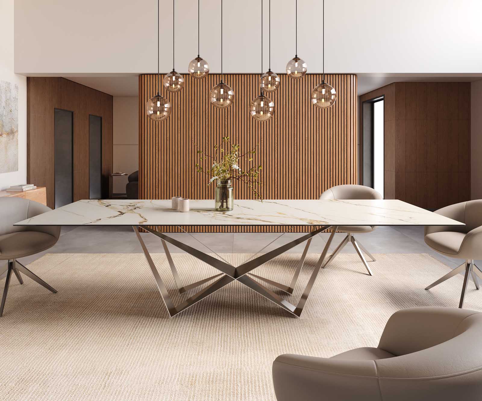 Table à manger Edge 300x100 céramique Calacatta Luxe blanc-doré-gris Spider acier plat acier inoxydable 2
