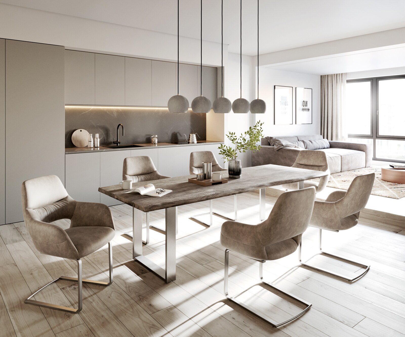 Cantilever Yago-Flex avec accoudoirs microvelours taupe vintage pied cantilever plat acier inoxydable brossé ressorts ensachés 3