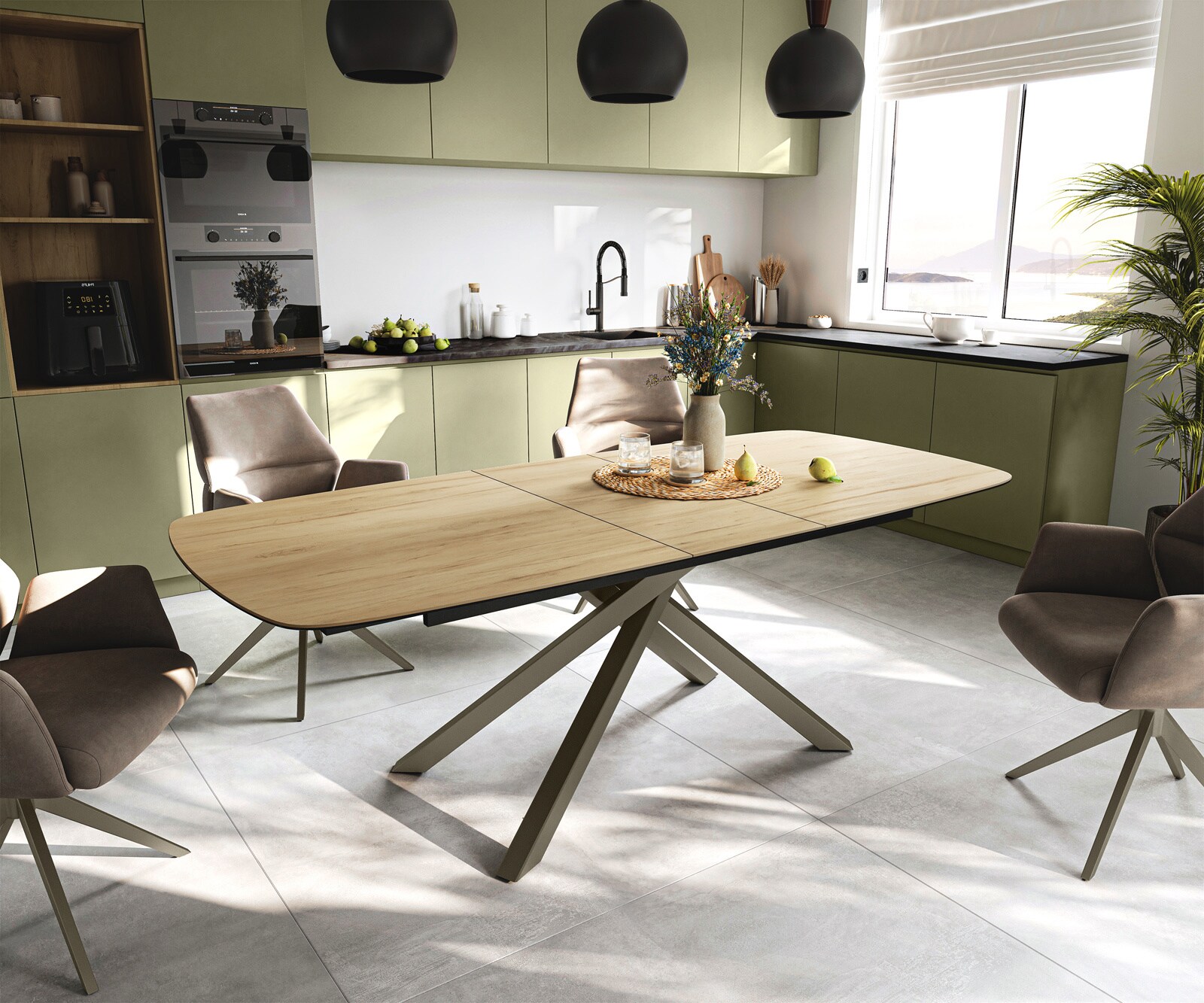 Esstisch Edge Boot 180-220x100 cm Keramik Laminam® Sabbia Eichefarbig Kreuzgestell Rechteck Effektfinish Titan ausziehbar