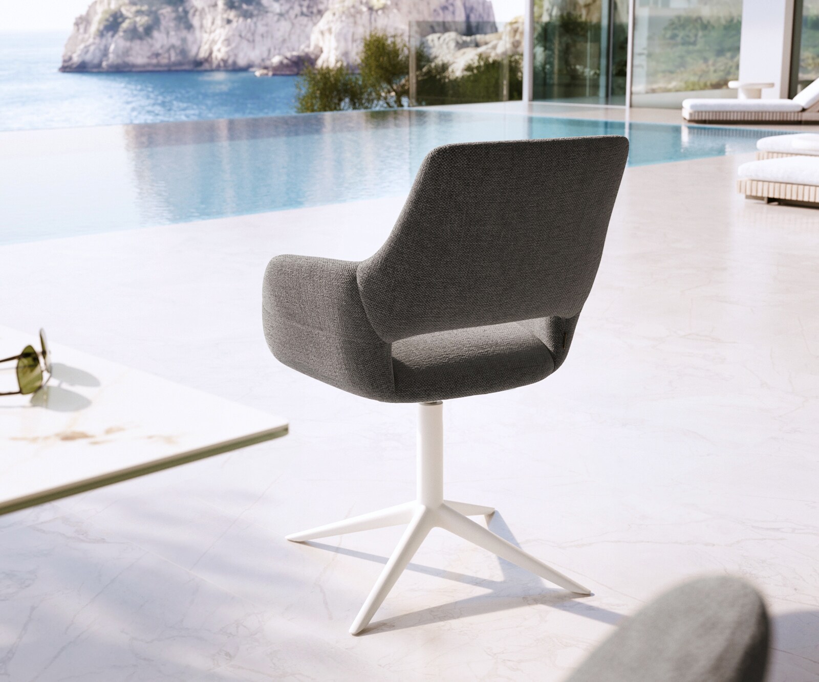 Chaise-d'extérieur Yago-Flex avec accoudoirs tissu texturé graphite pied de chaise 4 branches blanc pivotement sur 360° fonction bascule 4