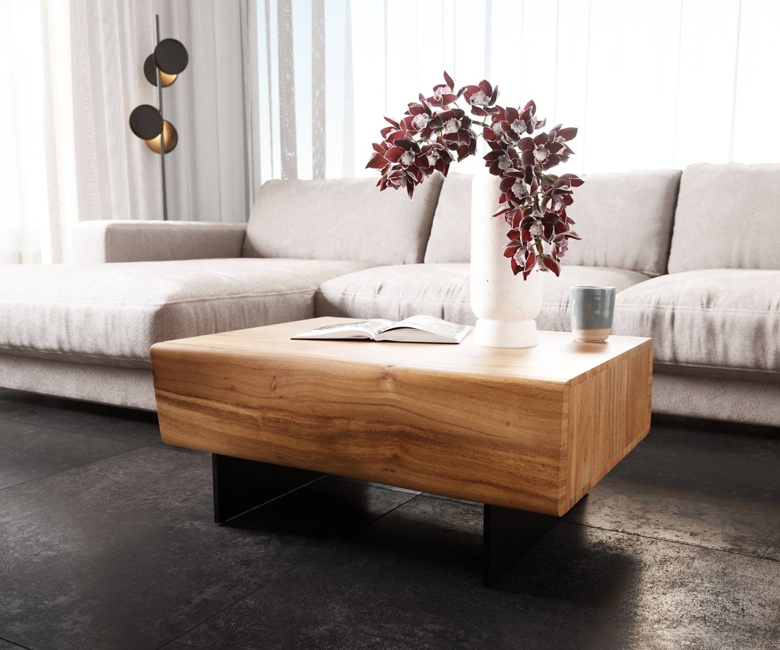 Table-basse New Live-Edge 80x60 cm acacia naturel 2 tiroirs pied flottant métal noir 3 Table-basse New Live-Edge 80x60 cm acacia naturel 2 tiroirs pied flottant métal noir 3