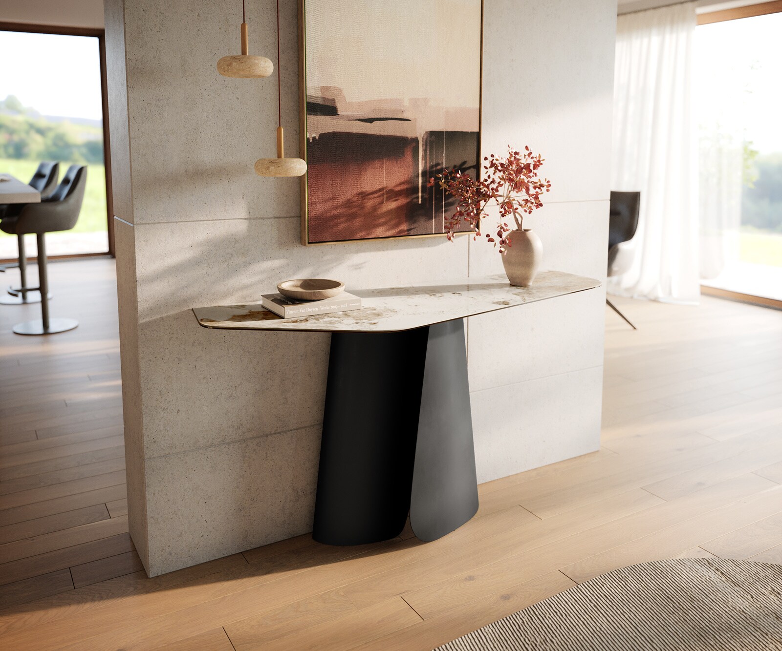 Console Edge Polygonal 140x50 cm Céramique Minas Melange Weiß-Beige Livos Métal Noir 1