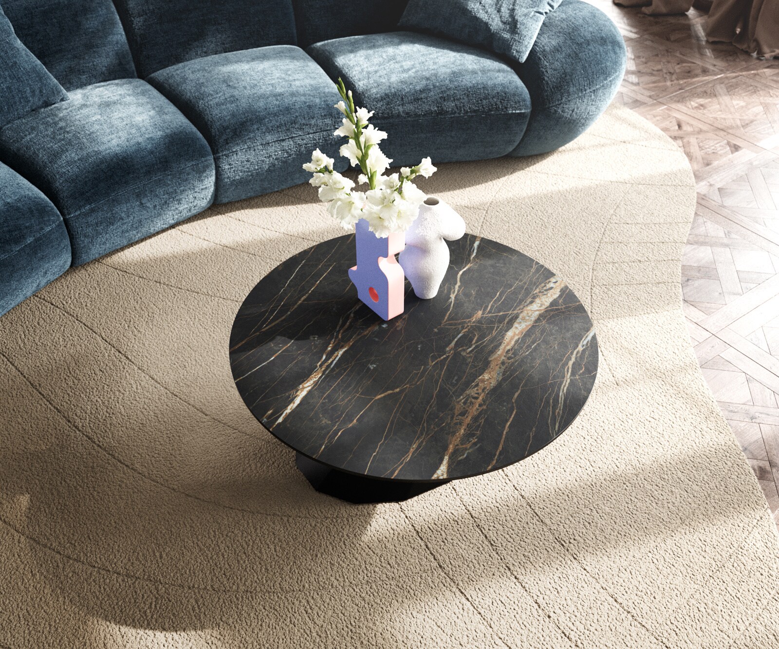 Couchtisch Edge Rund 90x90 cm Keramik Laminam® Noir Desir Braun Parabi Metall Schwarz 4