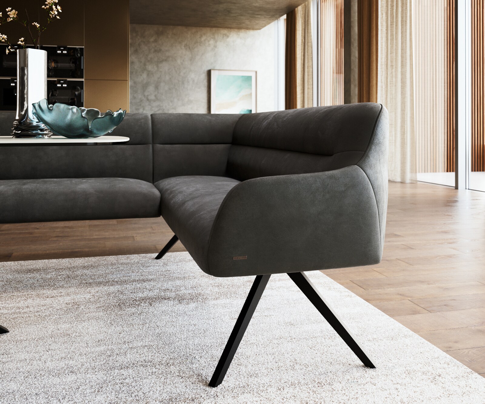 Esszimmerbank Taya-Flex 285x190 cm Mikrofaser Anthrazit Vintage Kreuzgestell kantig Schwarz Taschenfederkern Links 4