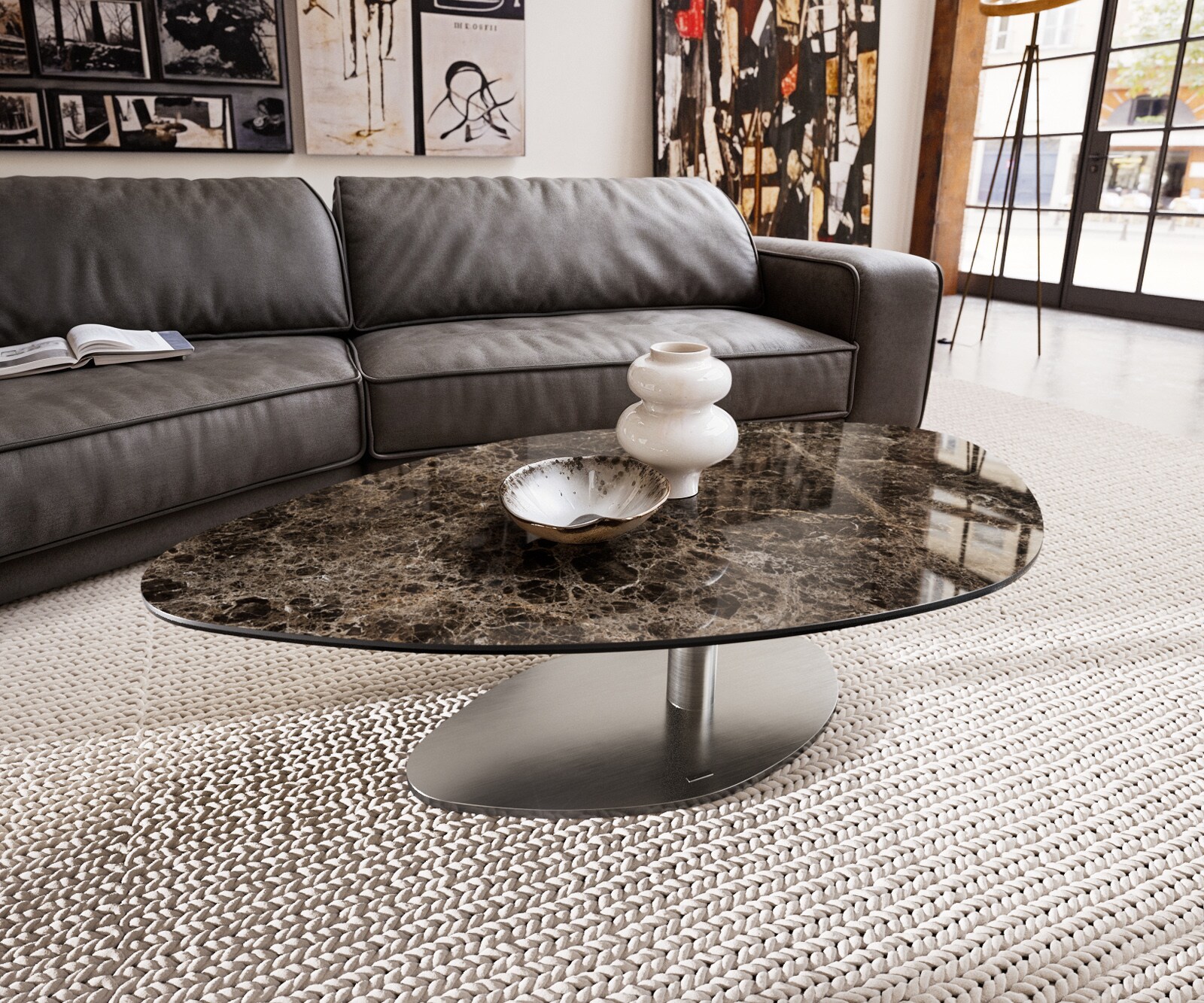 Couchtisch Edge Organisch 140x76 cm Keramik Laminam® Emperador Extra Lucidato Dunkelbraun Vibany Edelstahl gebürstet 1