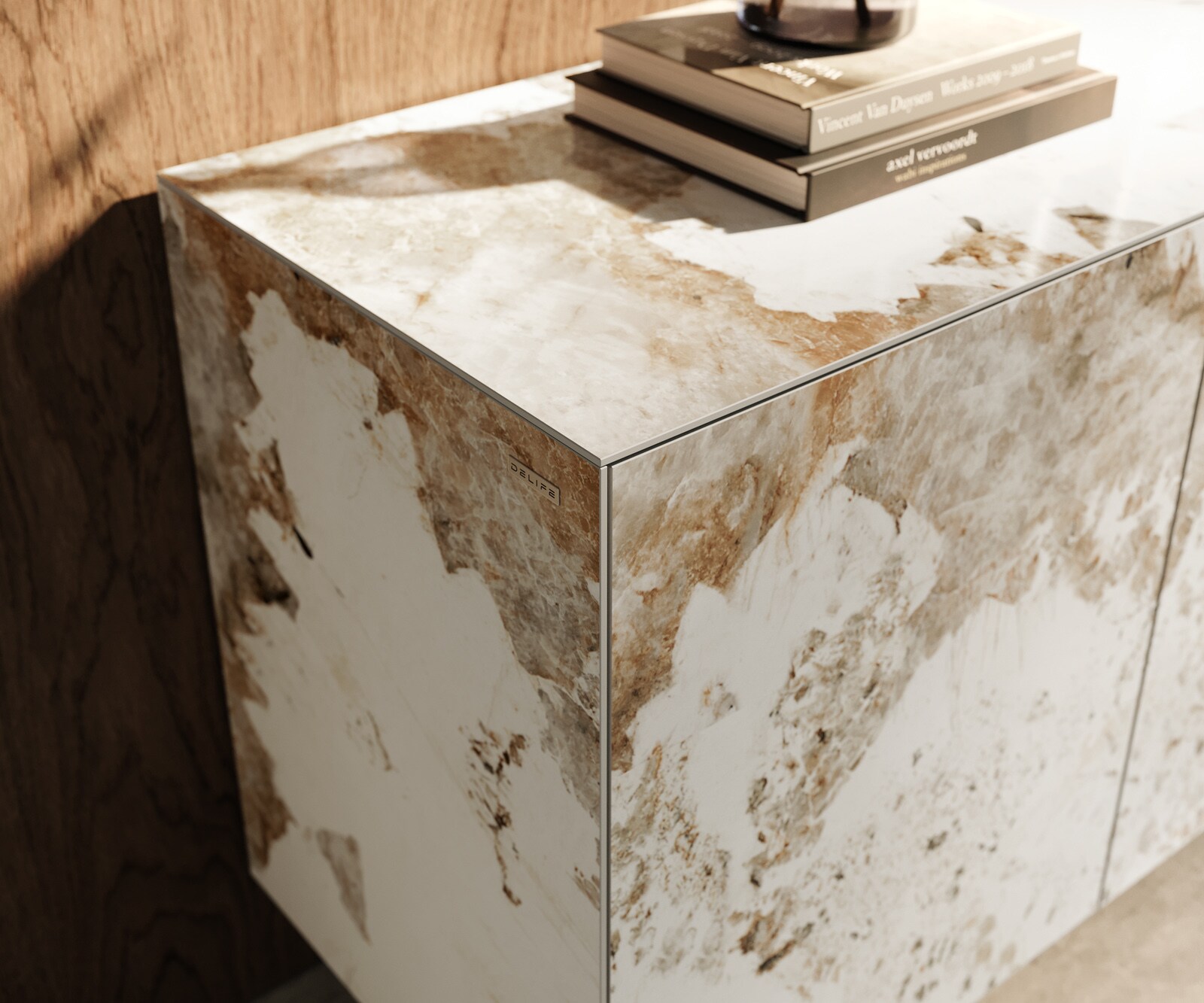 Sideboard Cuor 150 cm Keramik Minas Melange Weiß-Beige 3 Türen Fuß Schwebeoptik Metall Schwarz 6