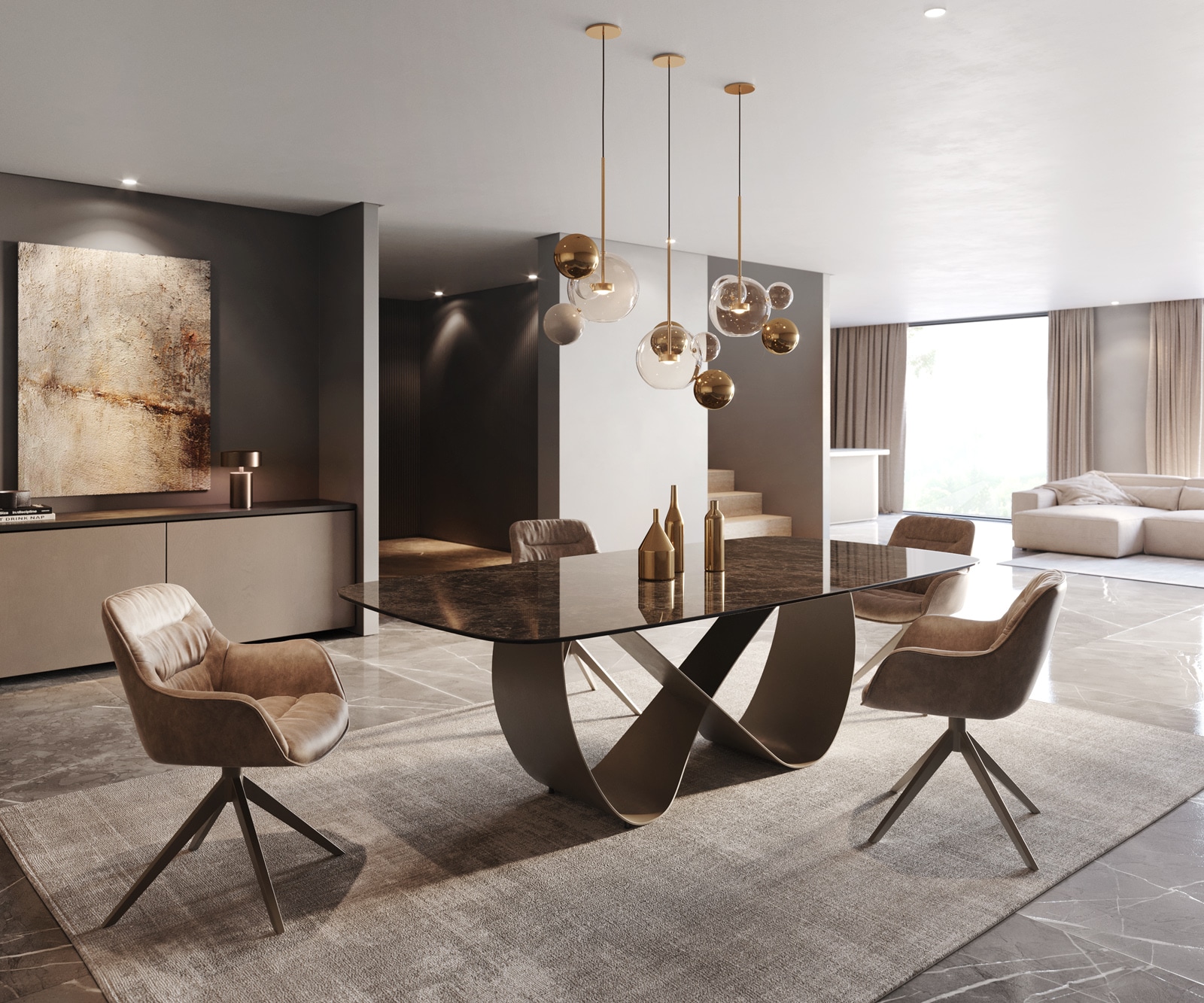 Esstisch Edge Boot 240x120 Keramik Laminam® Emperador Extra Lucidato Dunkelbraun Infinity Metall Effektfinish Titan 6