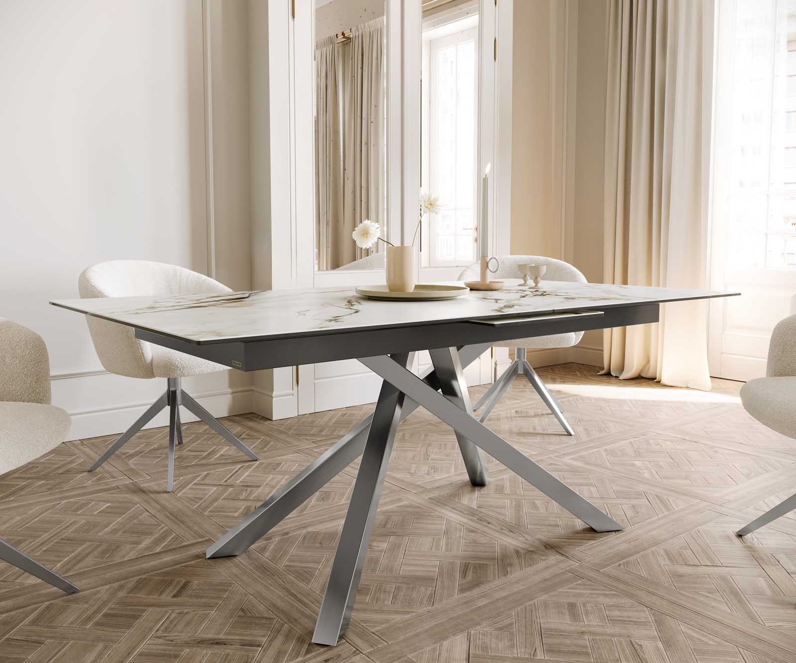 Esstisch Edge 180-220x100 Keramik Calacatta Luxe Weiß-Gold-Grau Kreuzgestell Rechteck Edelstahl ausziehbar 6