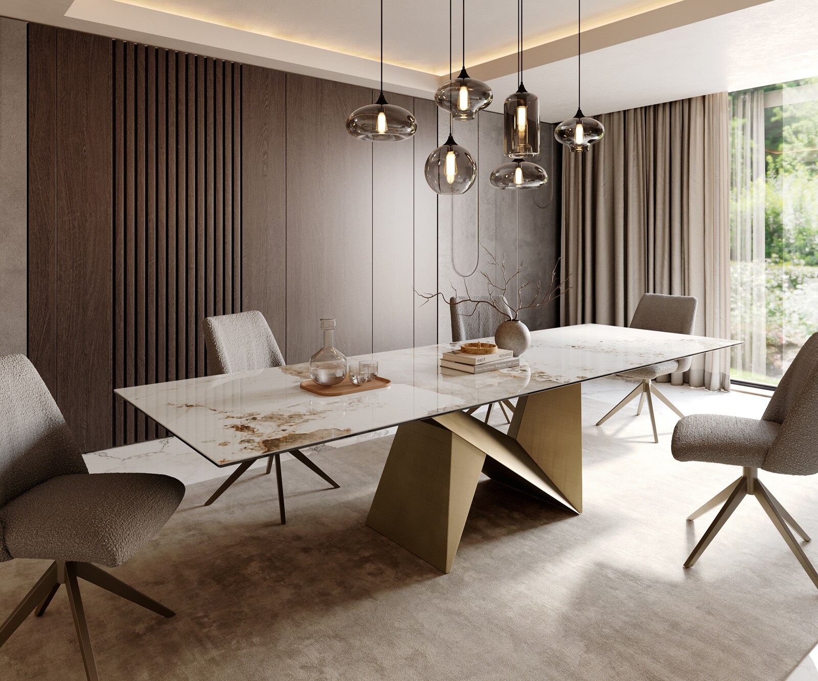 Esstisch Edge 300x100 Keramik Minas Melange Weiß-Beige Origami Metallic Gold 1