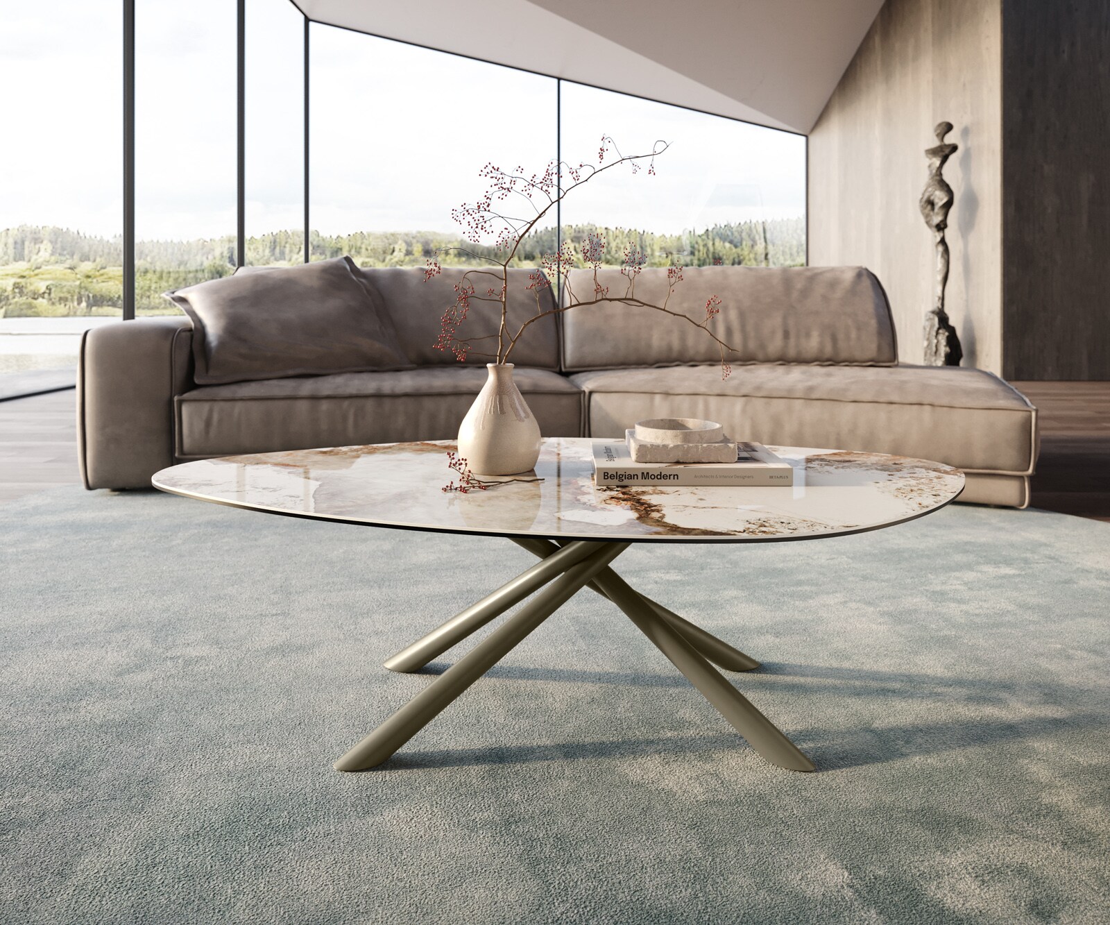 Table basse Edge Organique 140x76 cm céramique Minas Melange Sarity Metall finition effet titane 1