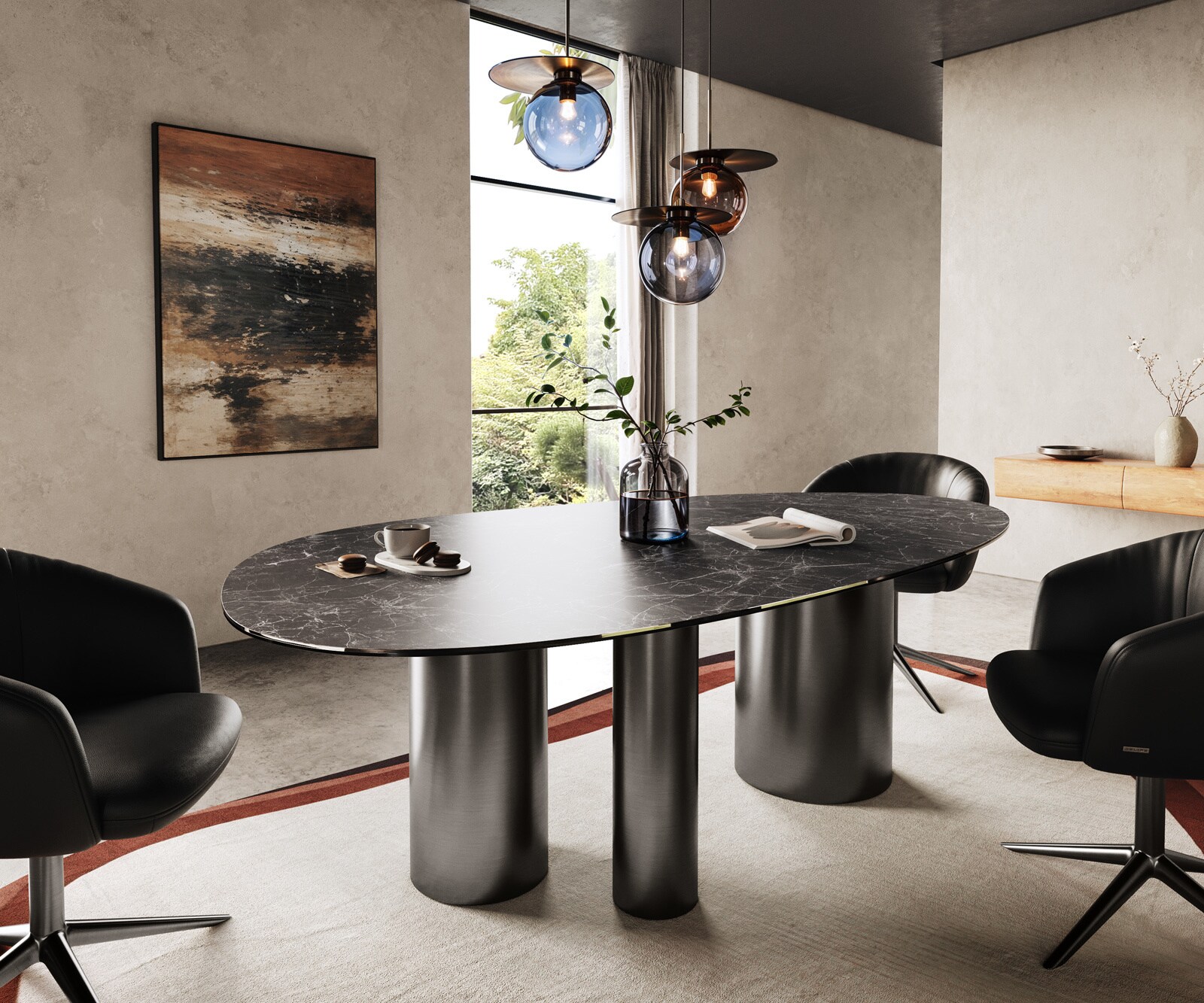 Esstisch Edge Oval 220x120 Keramik Laminam® Nero Greco Anthrazit Troa Edelstahl Graphit