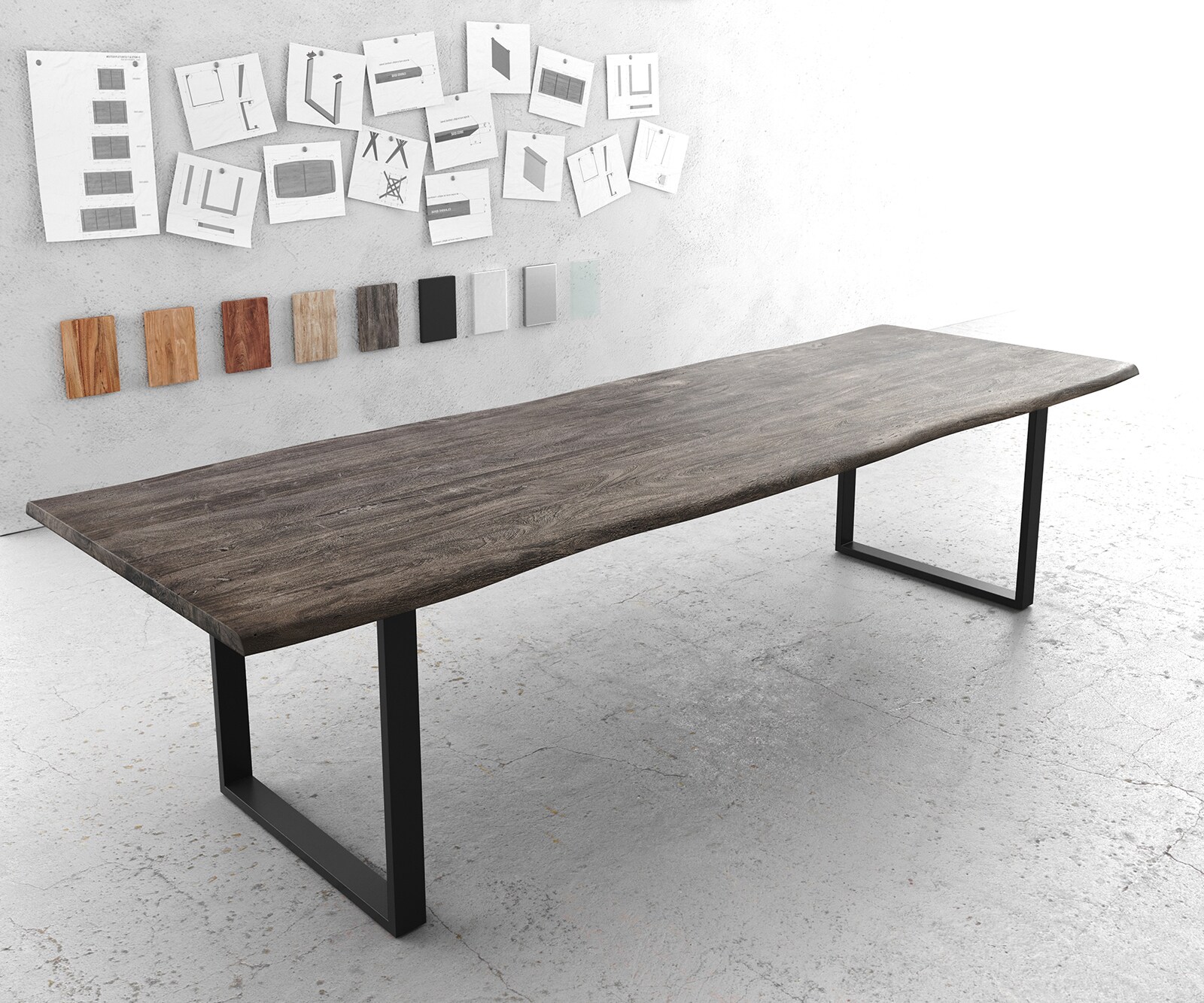 Table à manger Edge 300x100 XL acacia platine cadre traîneau noir Live-Edge 1