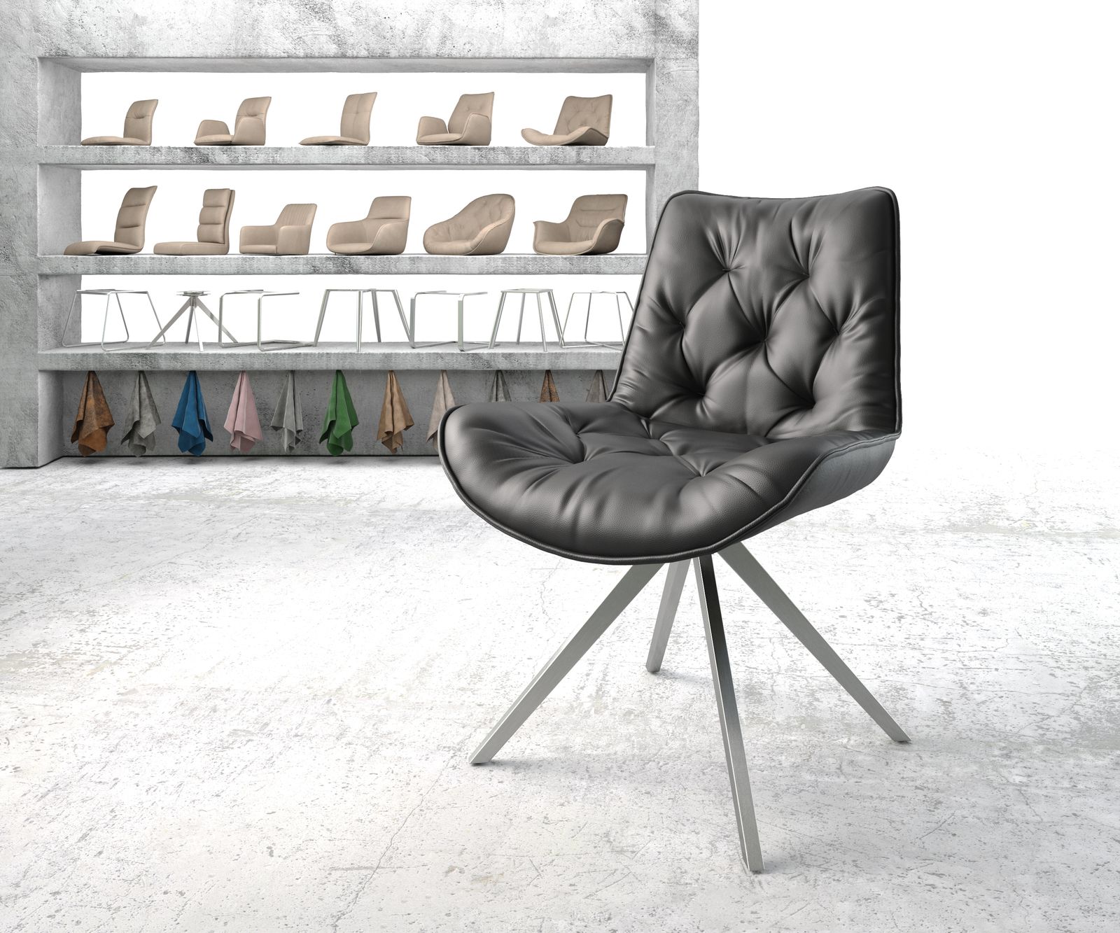 Drehstuhl Taimi-Flex Echt-Leder Schwarz Kreuzgestell kantig Edelstahl 180° drehbar