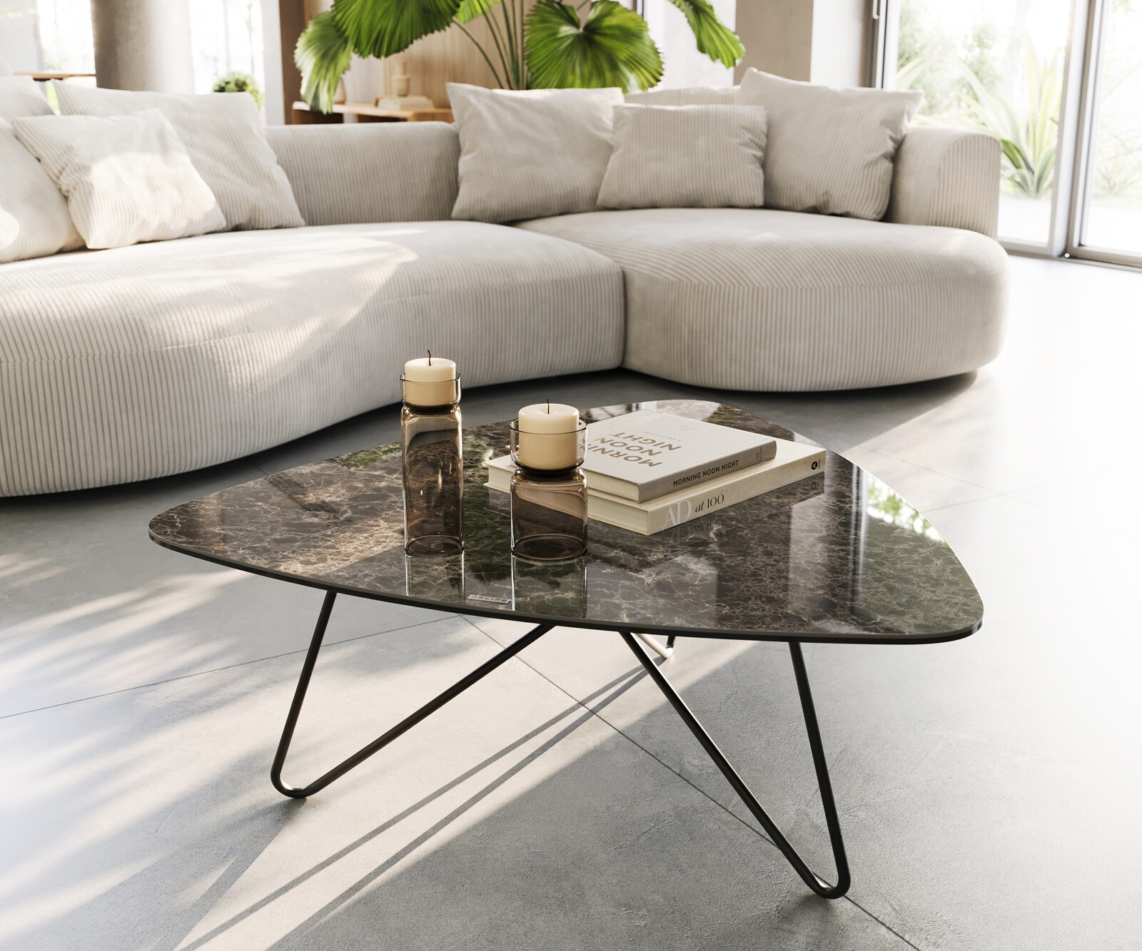 Table-basse Ekrem 88x85 cm Céramique Emperador Extra Lucidato Marron foncé Hairpin Métal Noir