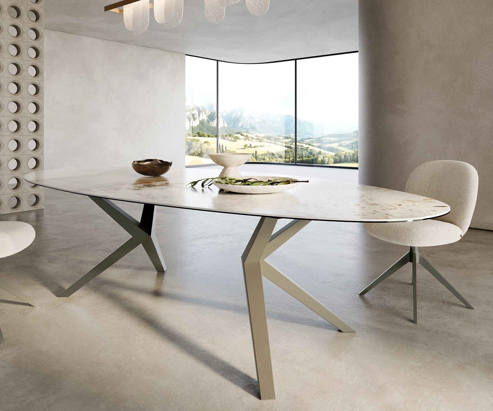 Table à manger Edge Ovale 280x130 Céramique Minas Melange Blanc-Beige Zenthara anguleux Métal finition à effet Titane 5