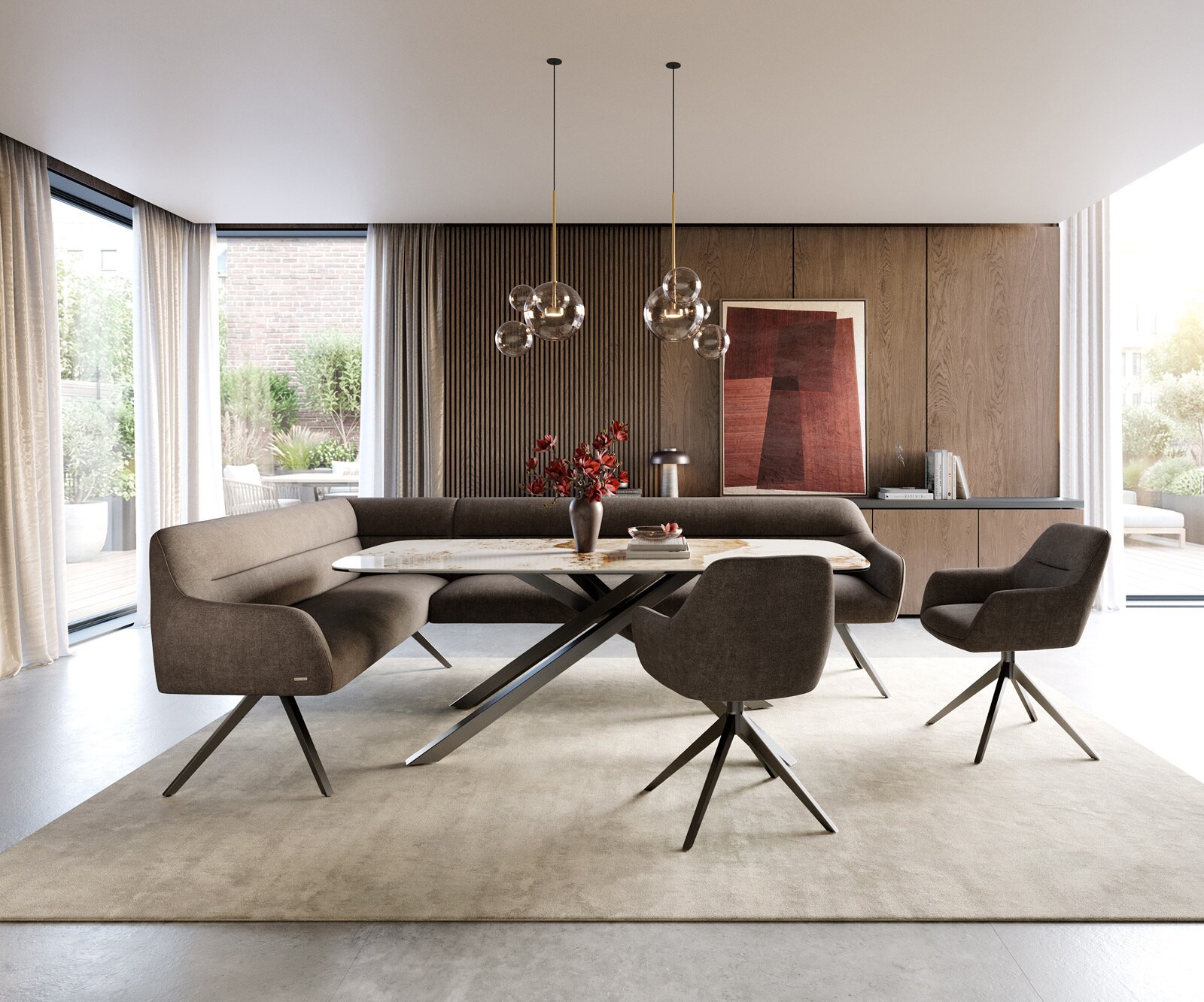 Banc-de-salle-à-manger Taya-Flex 285x190 cm tissu structuré doux taupe pied croisé angulaire grafiete ressort ensaché à droite 2