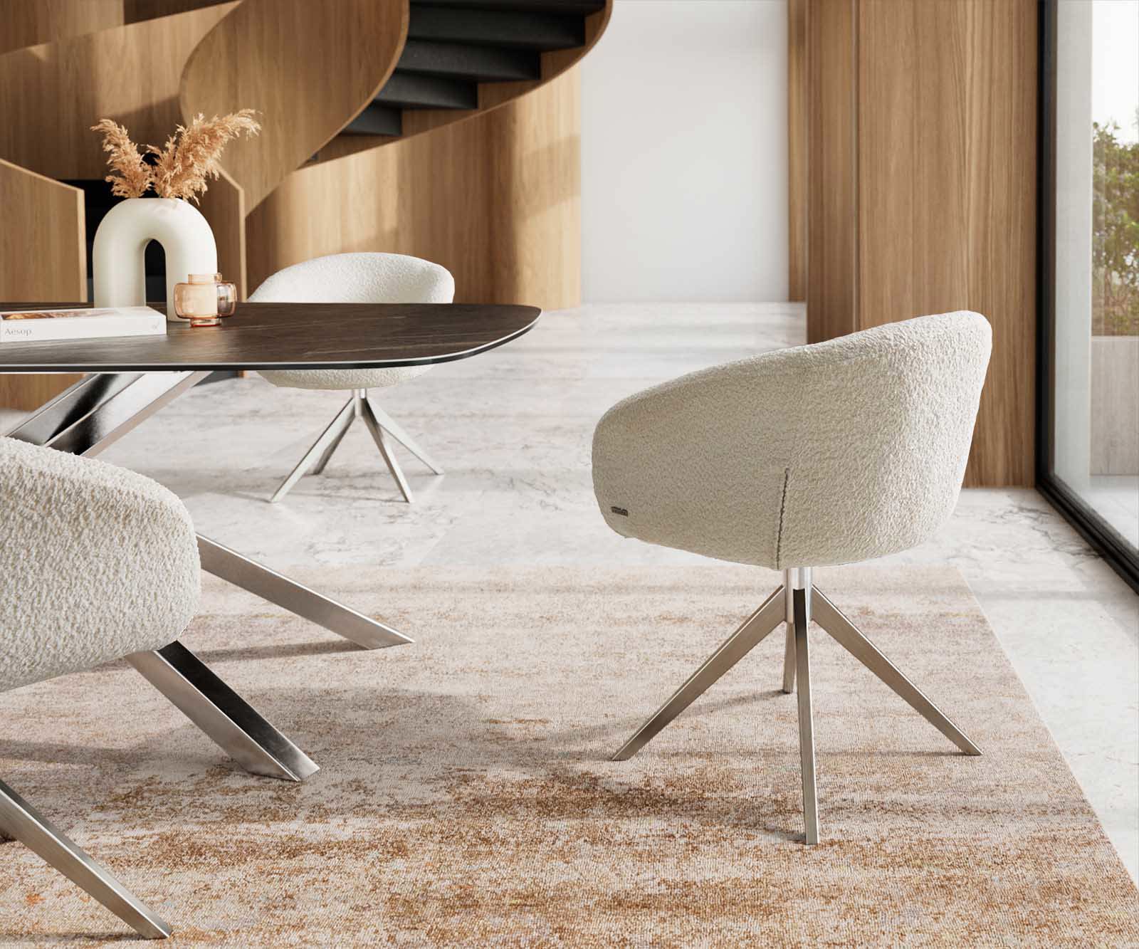 Chaise-pivotante Vinka-Flex avec accoudoirs bouclé blanc pied croisé large acier inoxydable brossé pivotement sur 360° ressorts ensachés 4