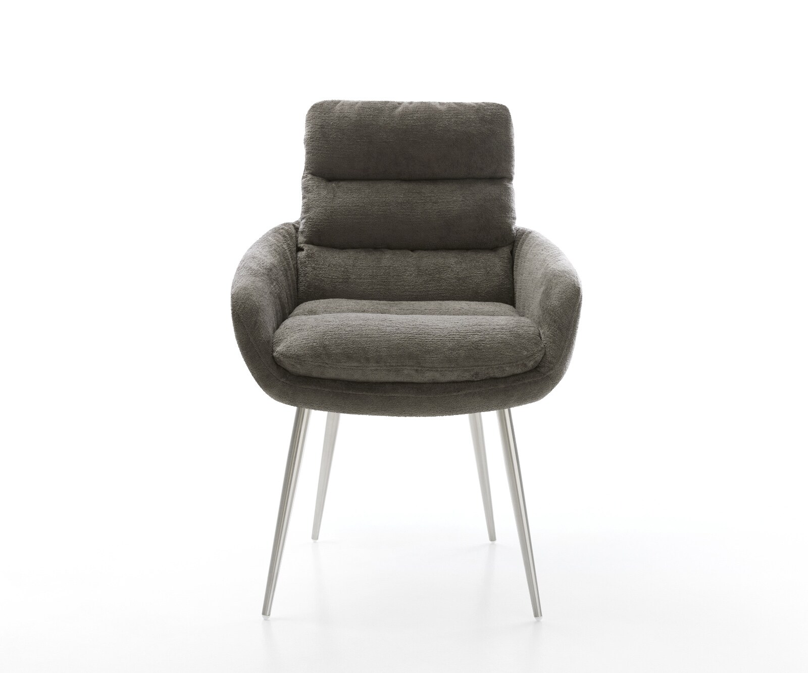 Esszimmerstuhl Abelia-Flex mit Armlehnen Bouclé Soft Schlamm 4-Fuß konisch Edelstahl 1