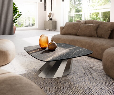 Table basse Edge Boot 90x90 cm céramique Laminam® Noir Desir brun Parabi acier inoxydable brossé