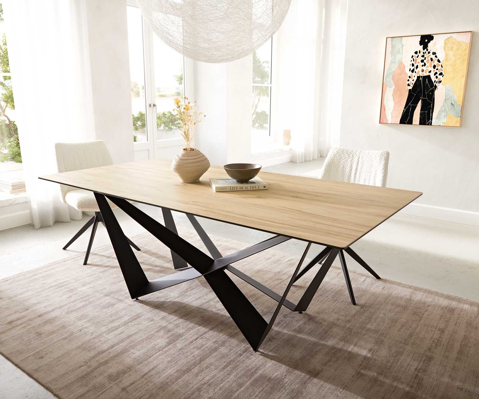 Esstisch Edge 200x100 Keramik Laminam® Sabbia Eichefarbig Spider Flachstahl Schwarz 1