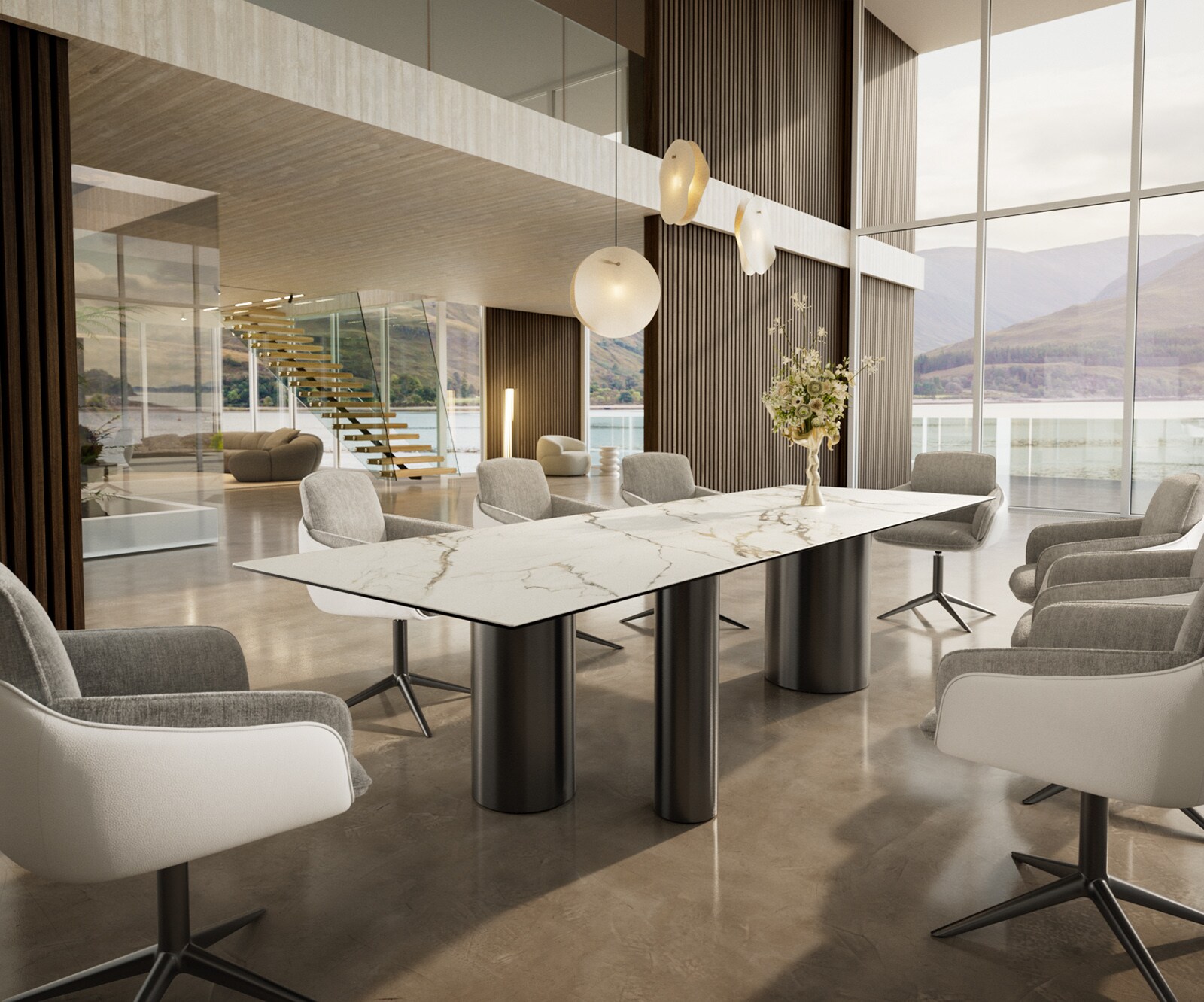 Esstisch Edge 300x100 Keramik Calacatta Luxe Weiß-Gold-Grau Troa Edelstahl Graphit 6