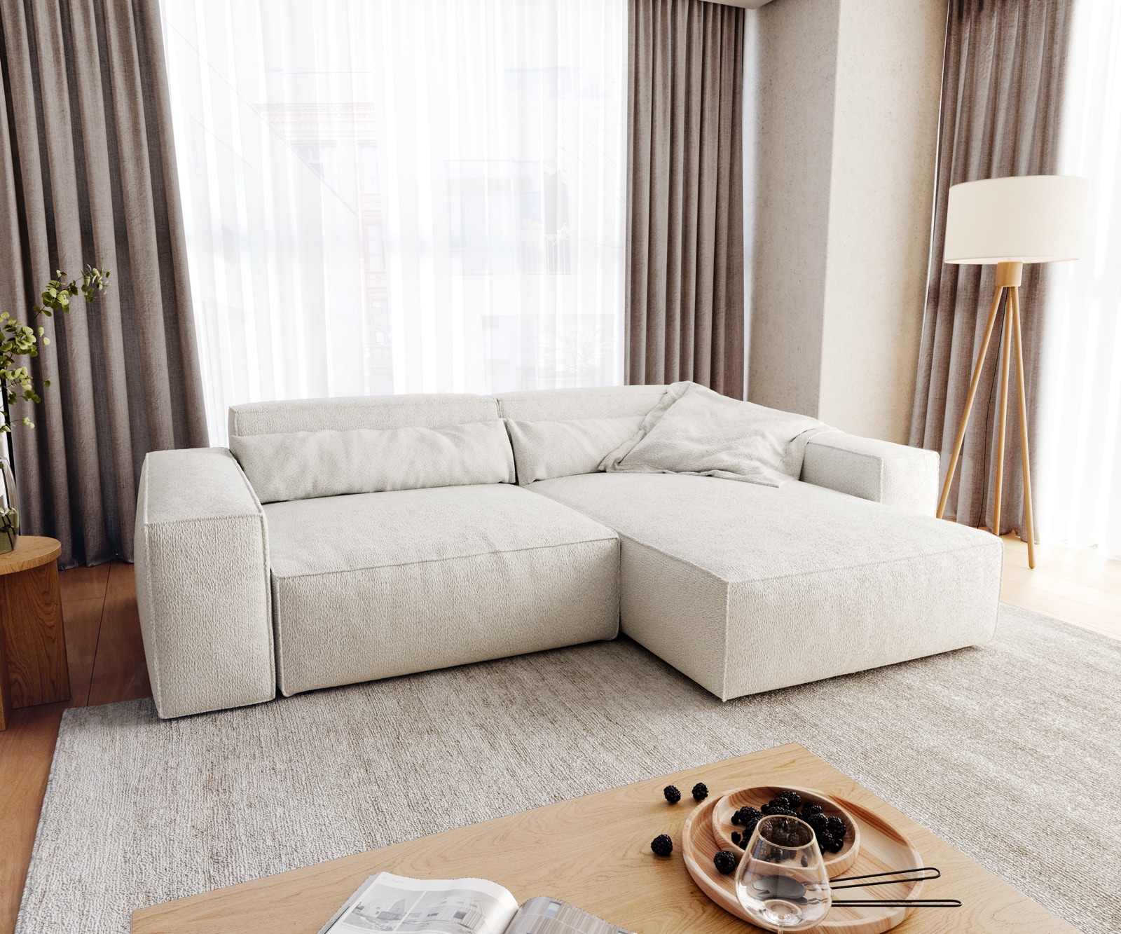 Ecksofa Sirpio XL 270x170 cm Bouclé Creme-Weiß Recamiere variabel