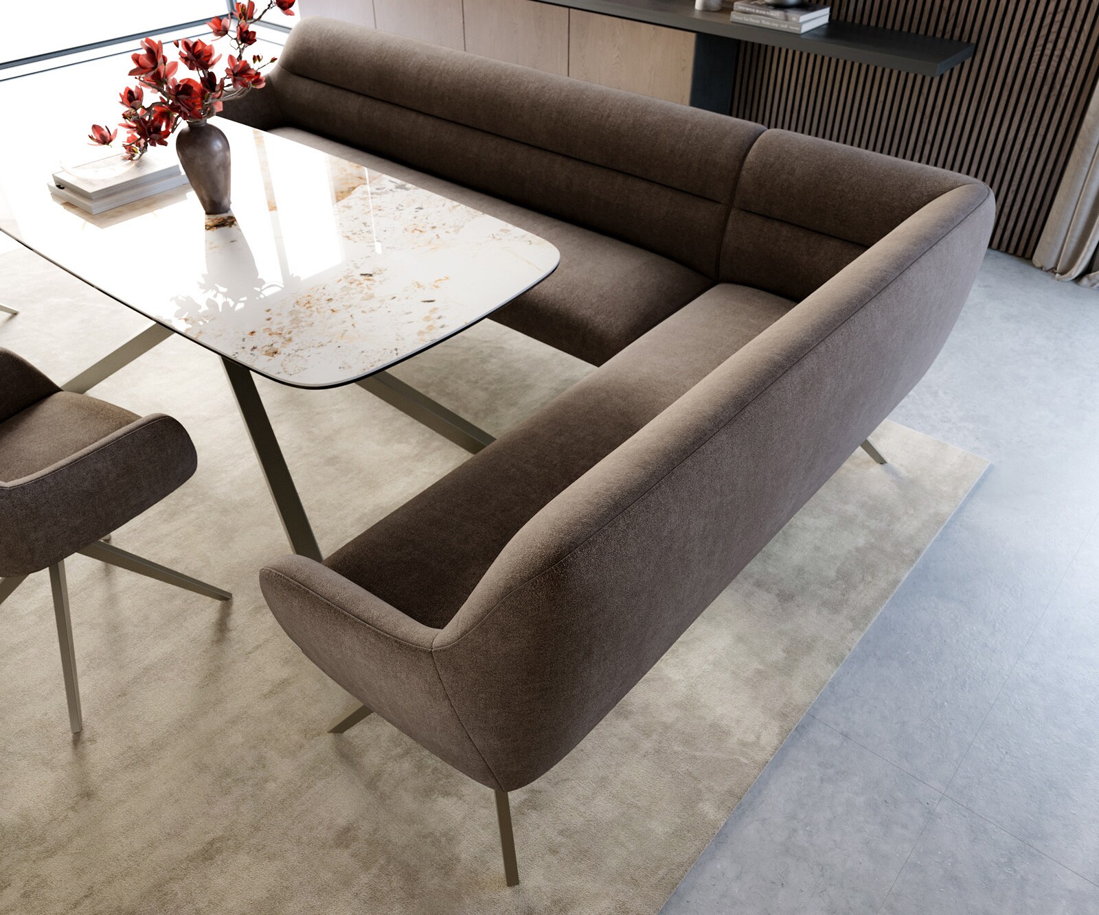 Banc-de-salle-à-manger Taya-Flex 285x190 cm tissu structuré doux taupe pied croisé angulaire titane ressort ensaché liens 3