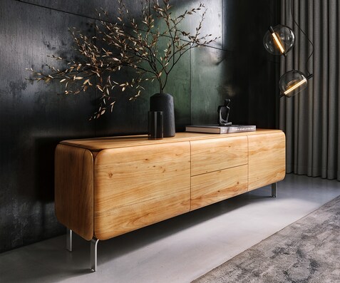 Meuble-TV Shavani 175 cm Acacia naturel 2 portes 2 tiroirs Pieds en L Acier inoxydable argenté
