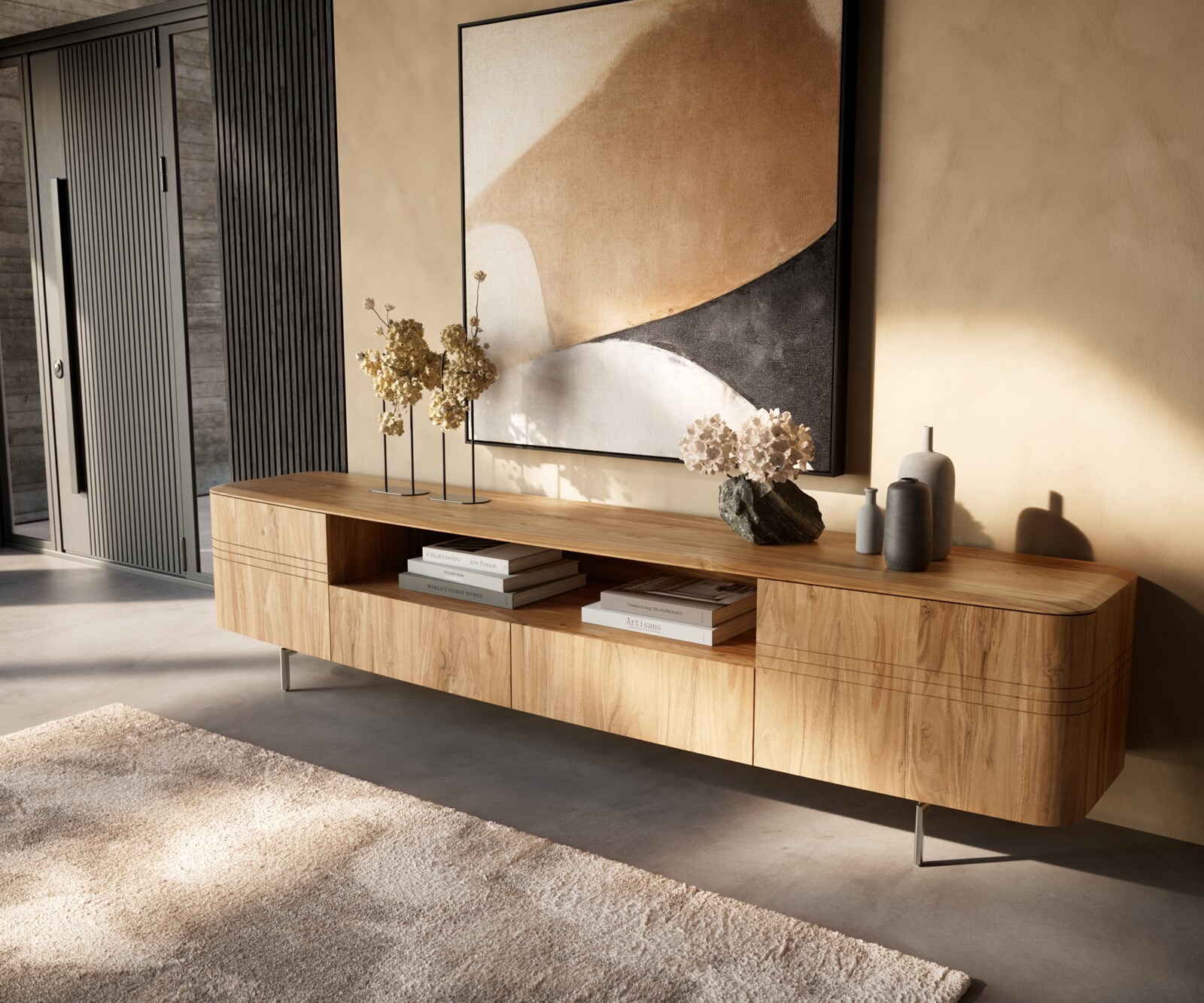 Meuble-TV Nagaru 240 cm acacia Aura 2 portes 2 tiroirs 1 compartiment Pied ovale inox
Lowboard Nagaru 240 cm Acacia Aura 2 portes 2 tiroirs 1 casier pied ovale inox 1