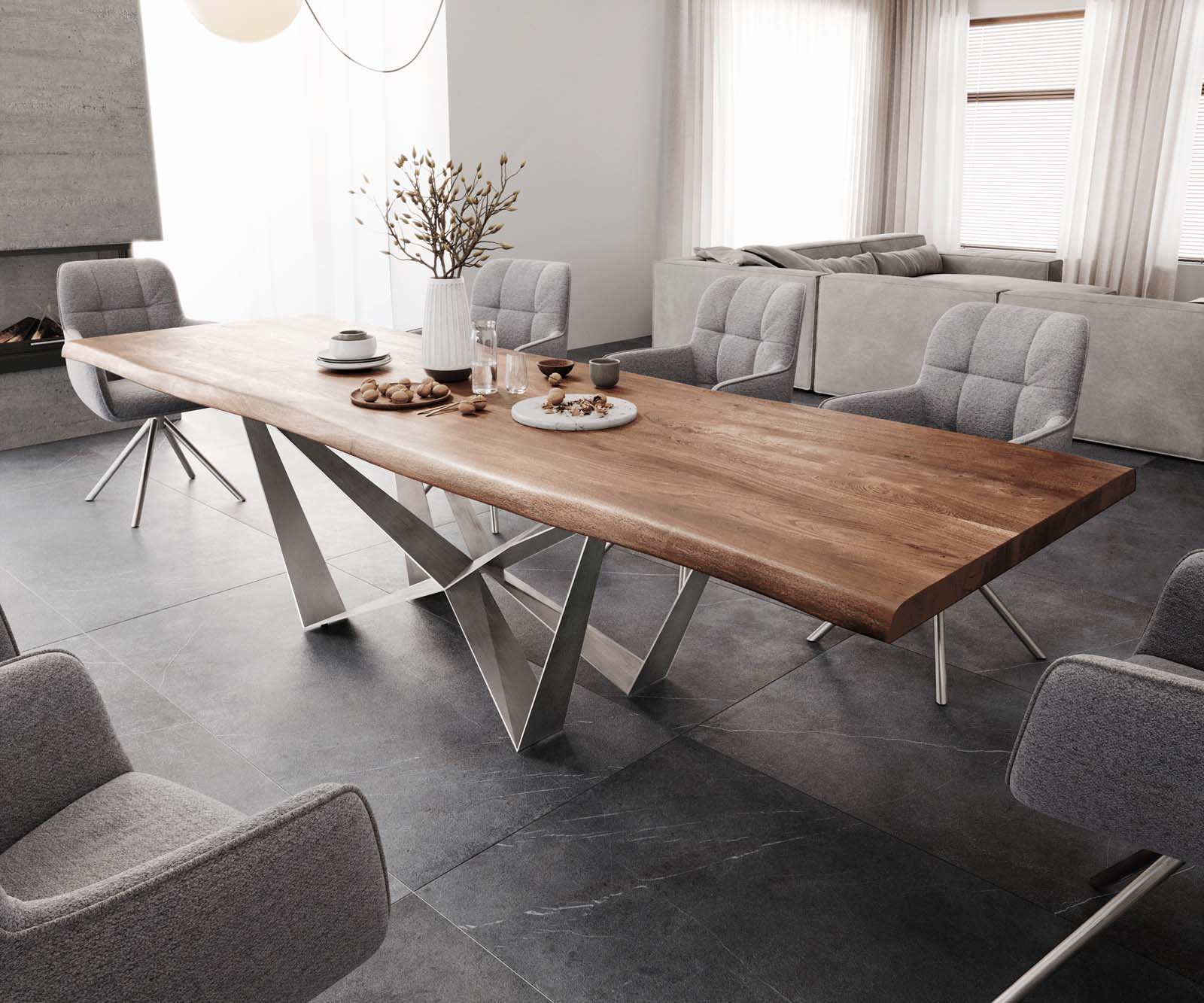 Esstisch Edge 300x100 XL Akazie Braun Spider Flachstahl Edelstahl Live-Edge 1