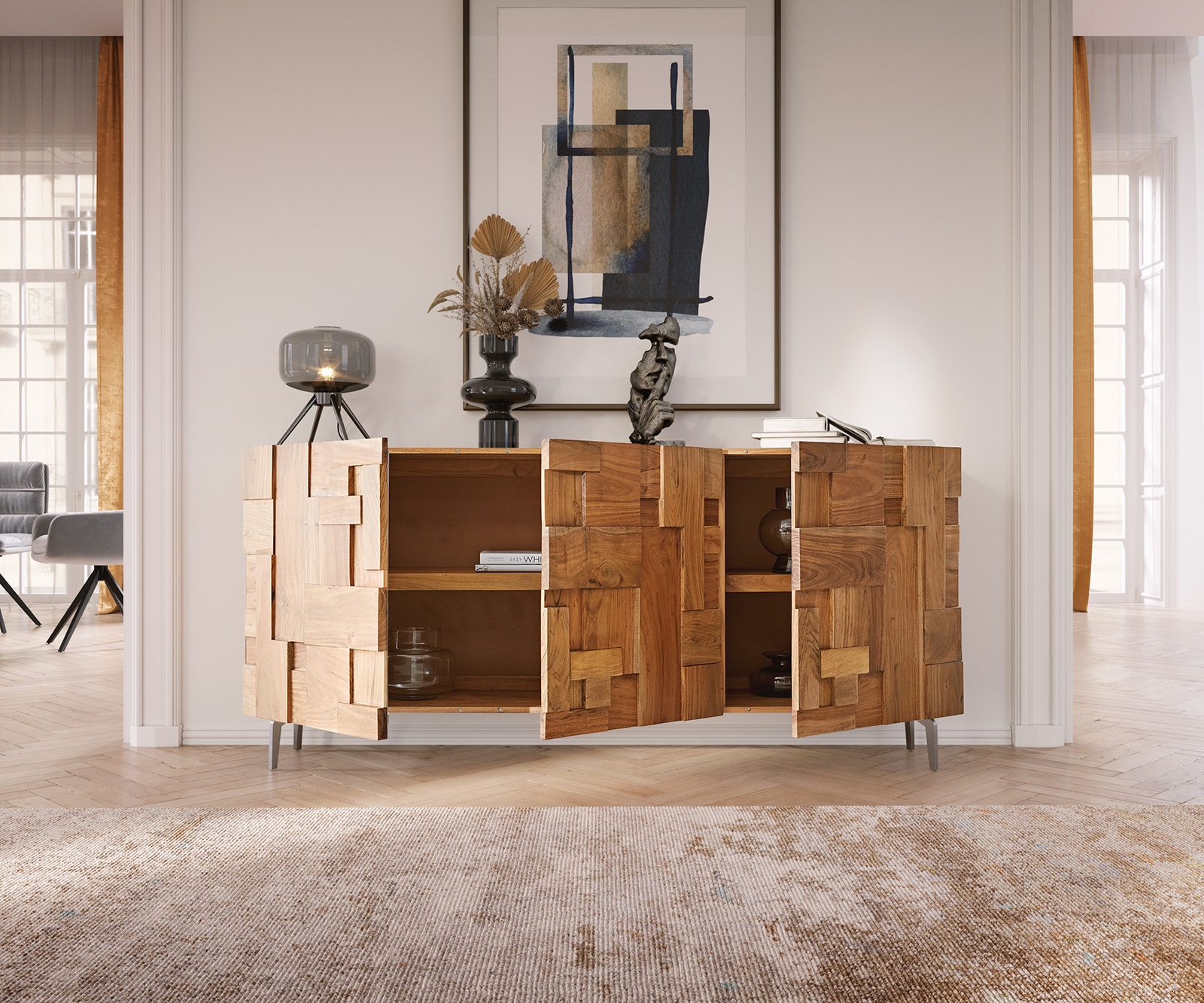 Sideboard Puzzle 175 cm Akazie Natur 3 Türen Winkelfuß Edelstahl 3 Sideboard Puzzle 175 cm Akazie Natur 3 Türen Winkelfuß Edelstahl 3